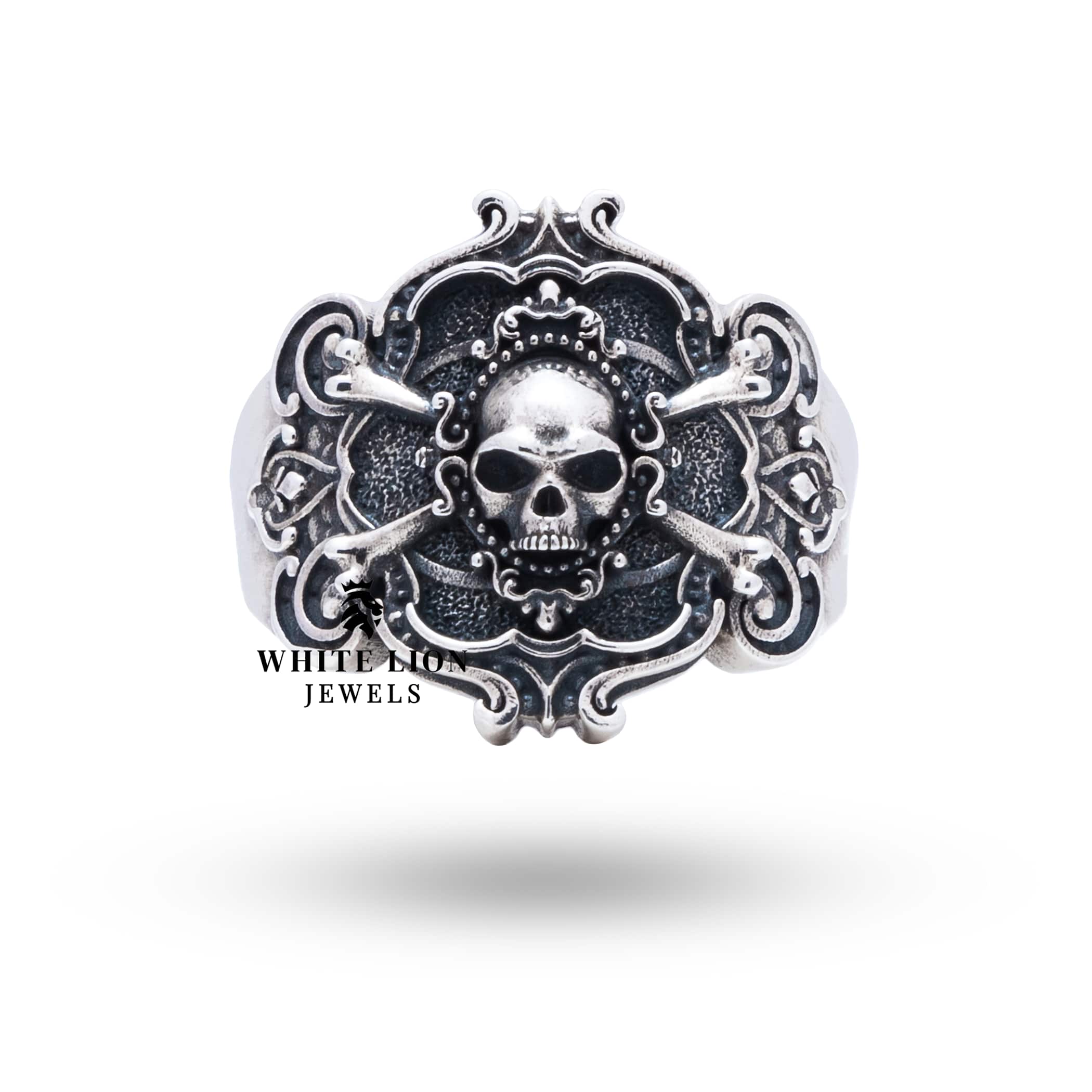 Side view of the Pirate Skull 925 Sterling Silver Ring, highlighting the intricate artisan design.