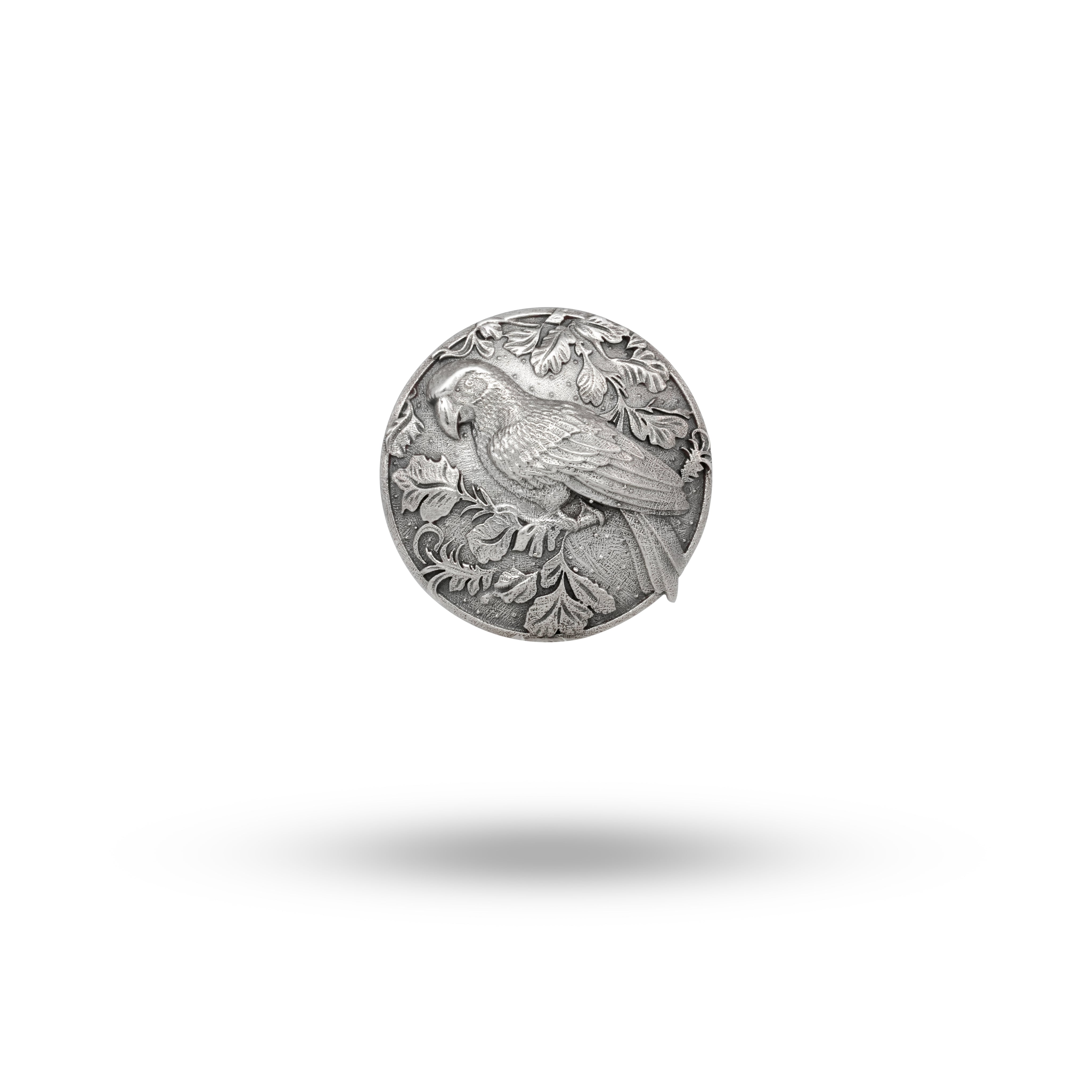 Front view of Exquisite Parrot Bird Button Set in 925 Sterling Silver showcasing intricate design and oxidized finish.