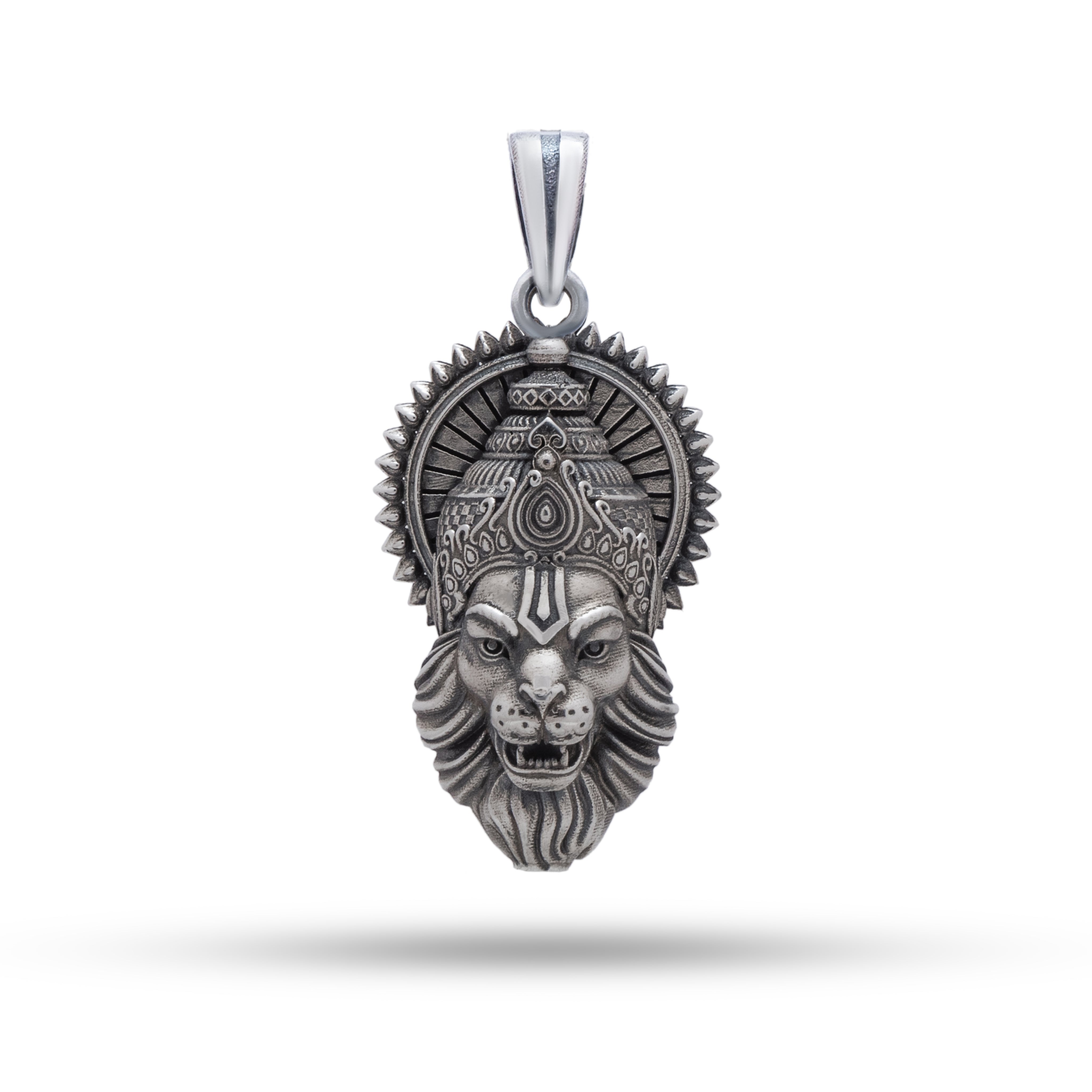 Front view of the Narsimha 925 Sterling Silver Pendant with oxidized finish.