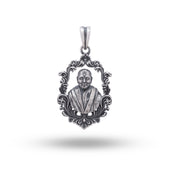 Front view of Pramukh Swami Maharaj 925 Sterling Silver Pendant in oxidized finish showcasing oval design.