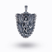 Front view of St Michael Peiercing Devil 925 Sterling Silver Pendant showcasing its intricate oxidized design.