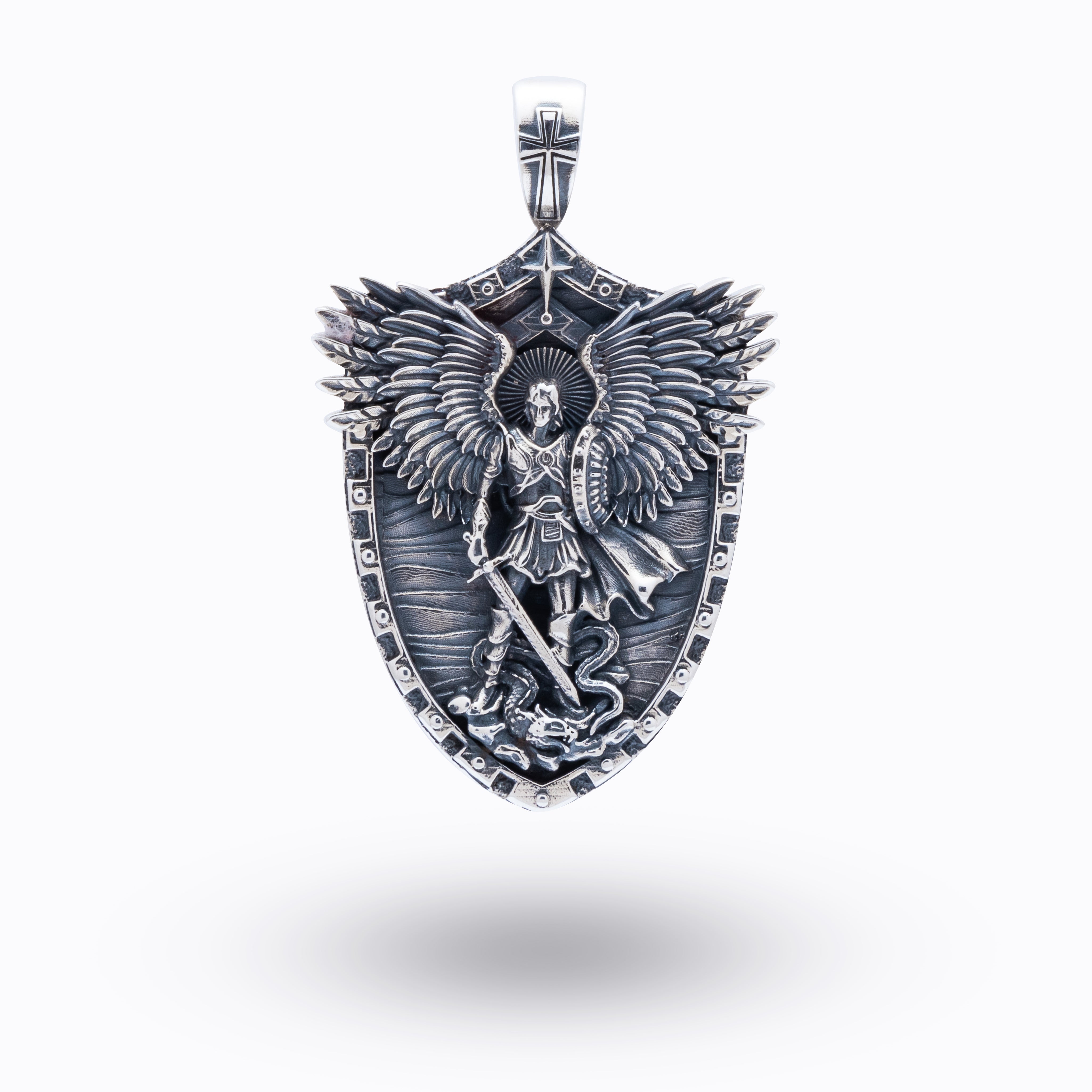 Front view of St Michael Peiercing Devil 925 Sterling Silver Pendant showcasing its intricate oxidized design.