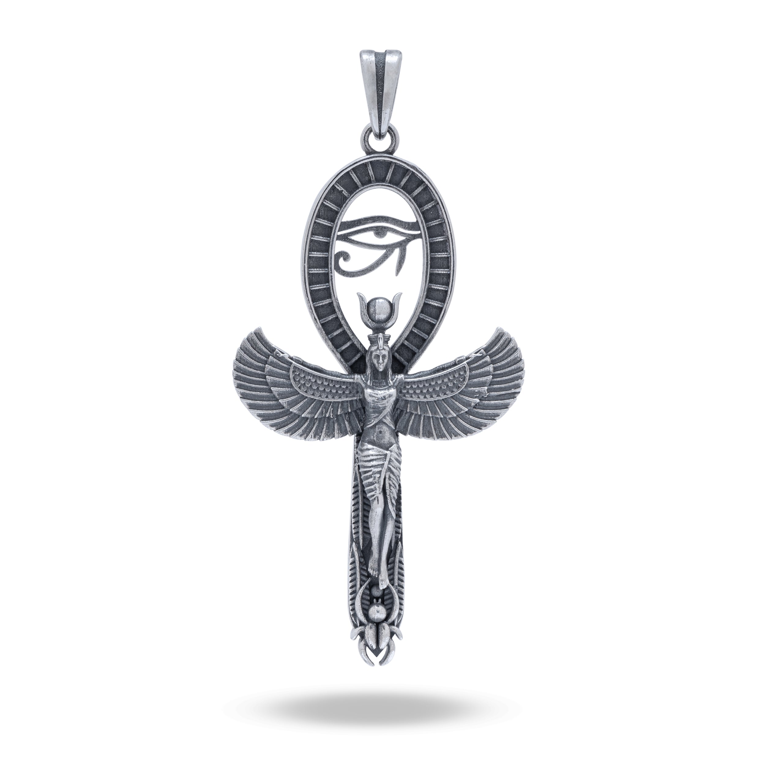 Front view of Isis Ankh 925 Sterling Silver Pendant with Egyptian Symbol and Oxidized Finish