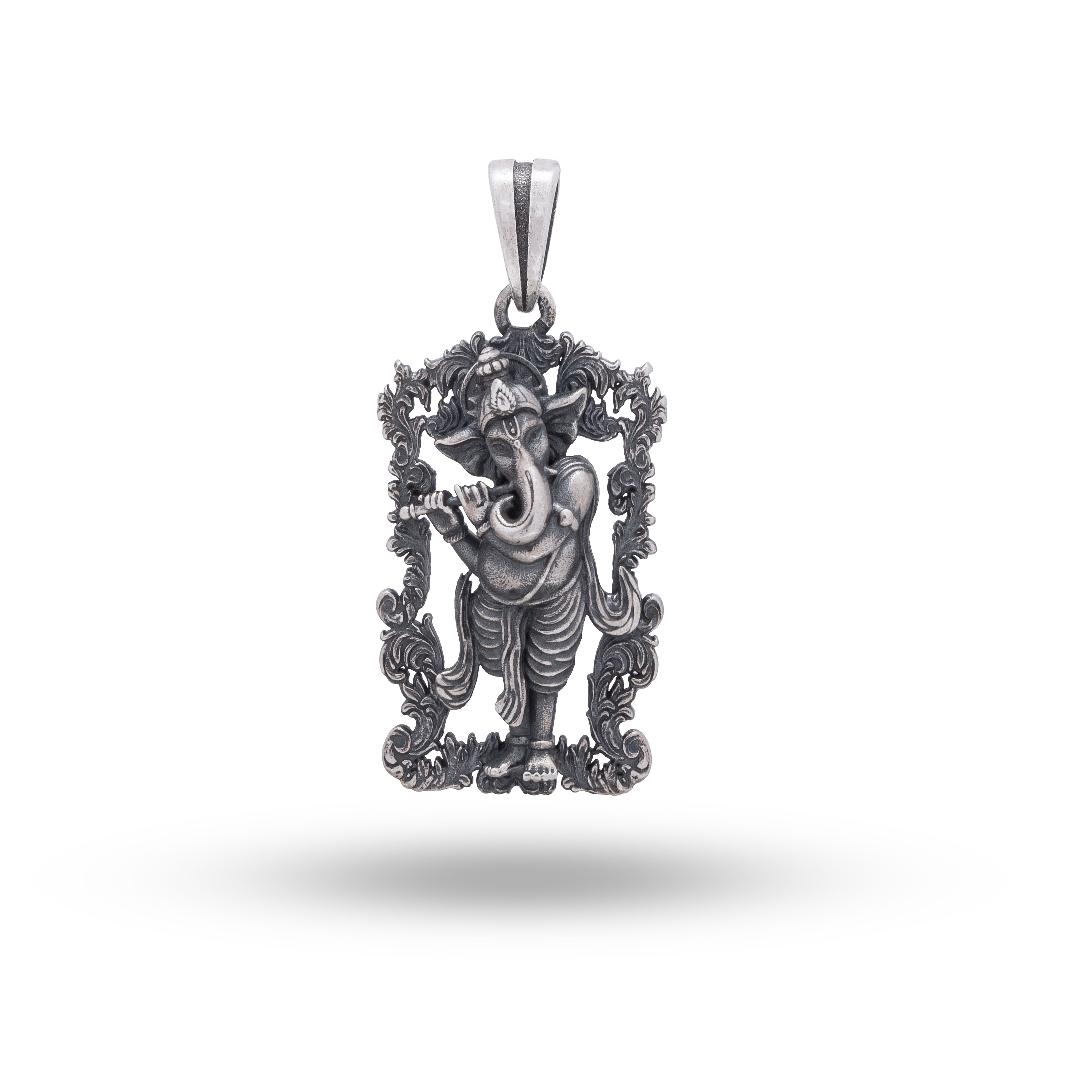 Front view of Lord Ganesha Standing 925 Sterling Silver Pendant with oxidized finish