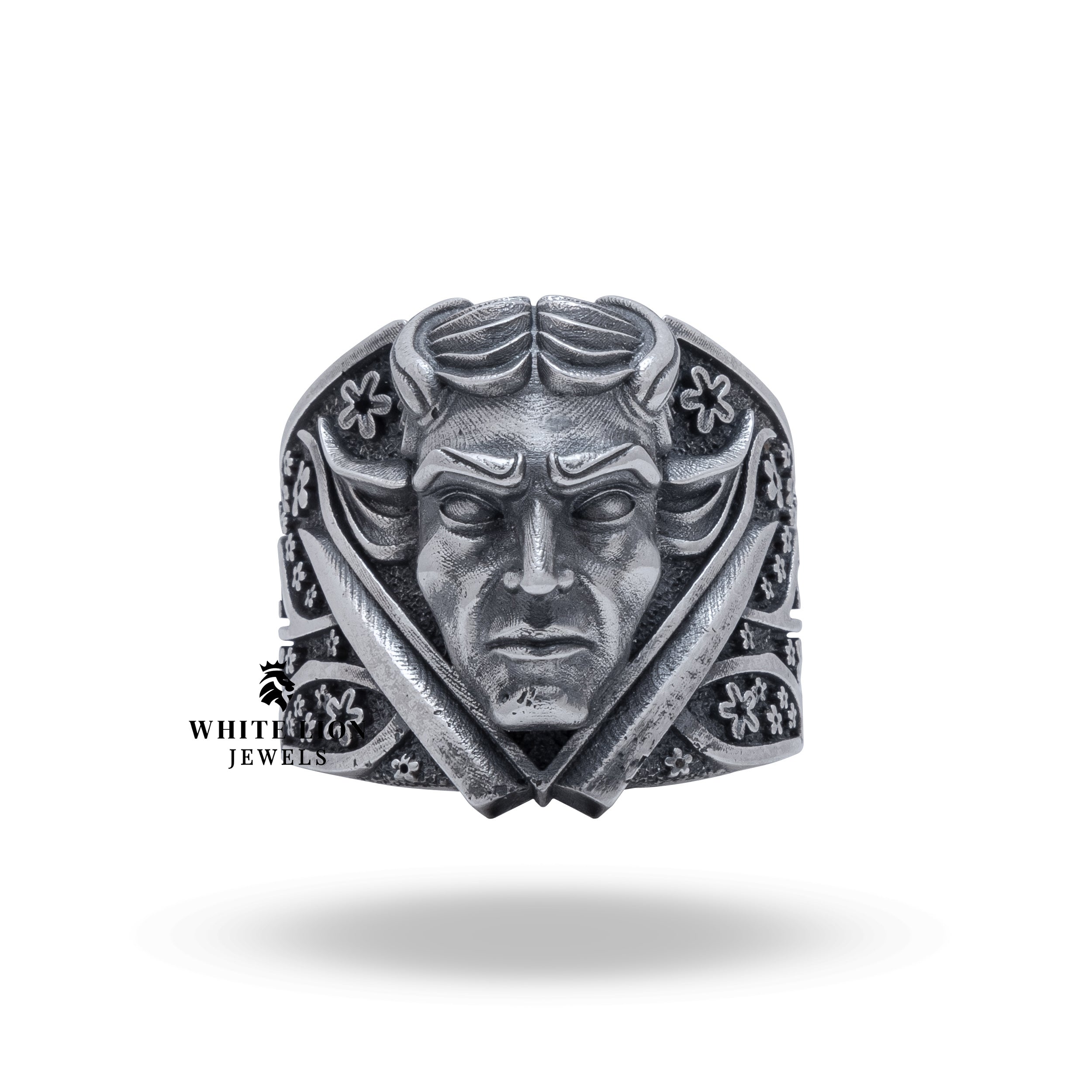 Side view of Oni Japanese Demon Ring with detailed craftsmanship in oxidized sterling silver