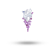 Front view of the Deer Brooch featuring ruby stones and sterling silver finish.