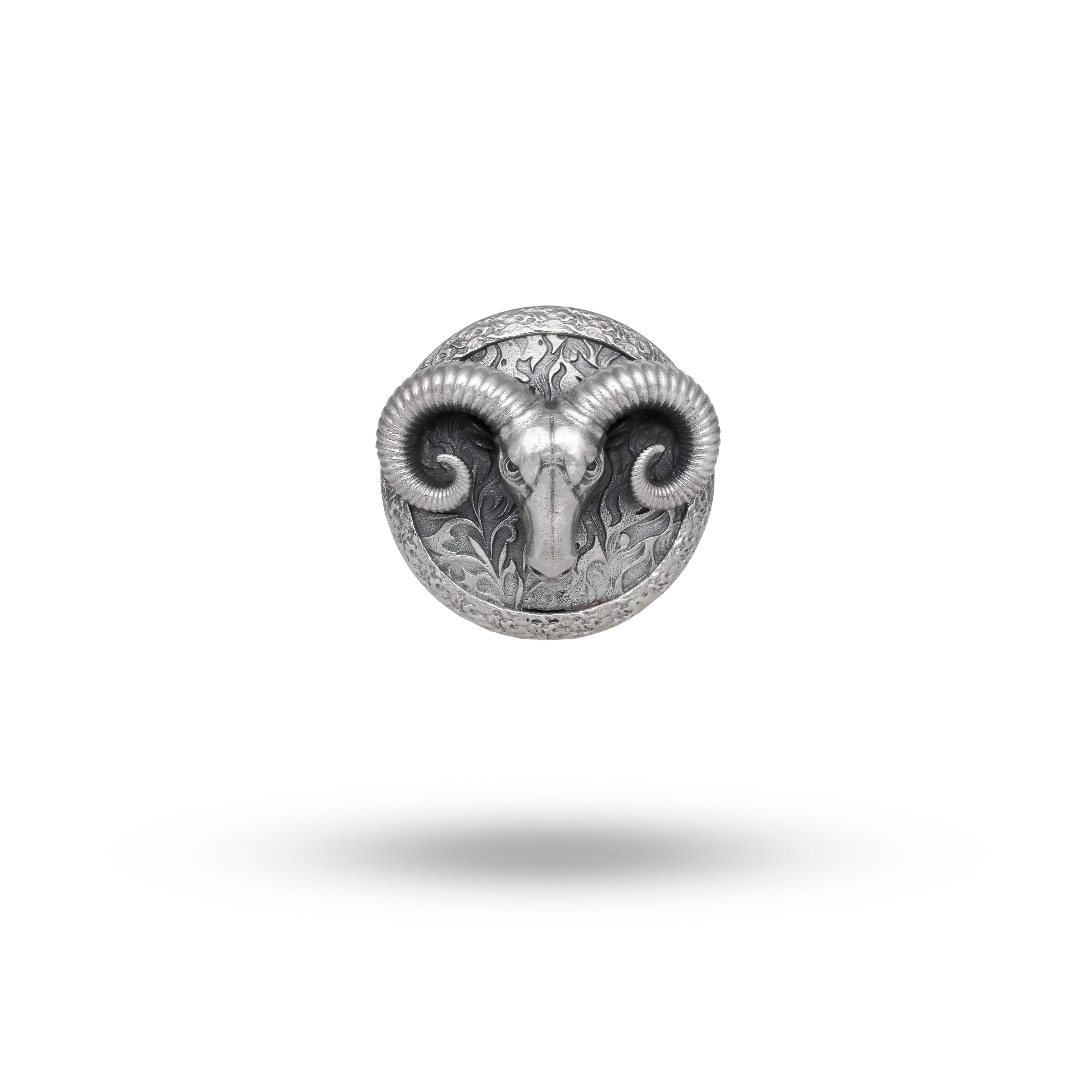 Front view of the Ram Head Button Set in oxidized sterling silver.