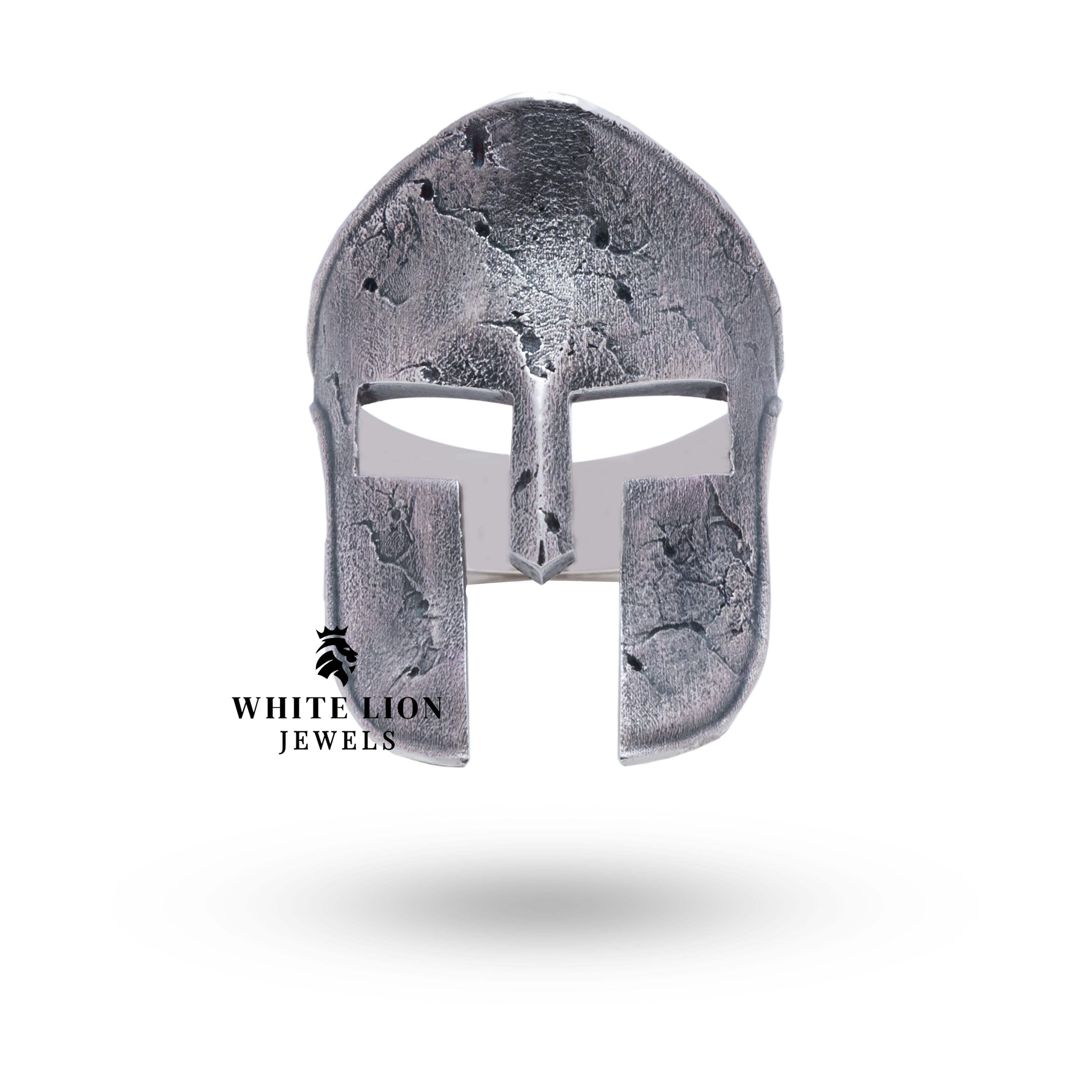 Side view of Spartan Warrior Helmet 925 Sterling Silver Ring highlighting intricate design with oxidized silver.