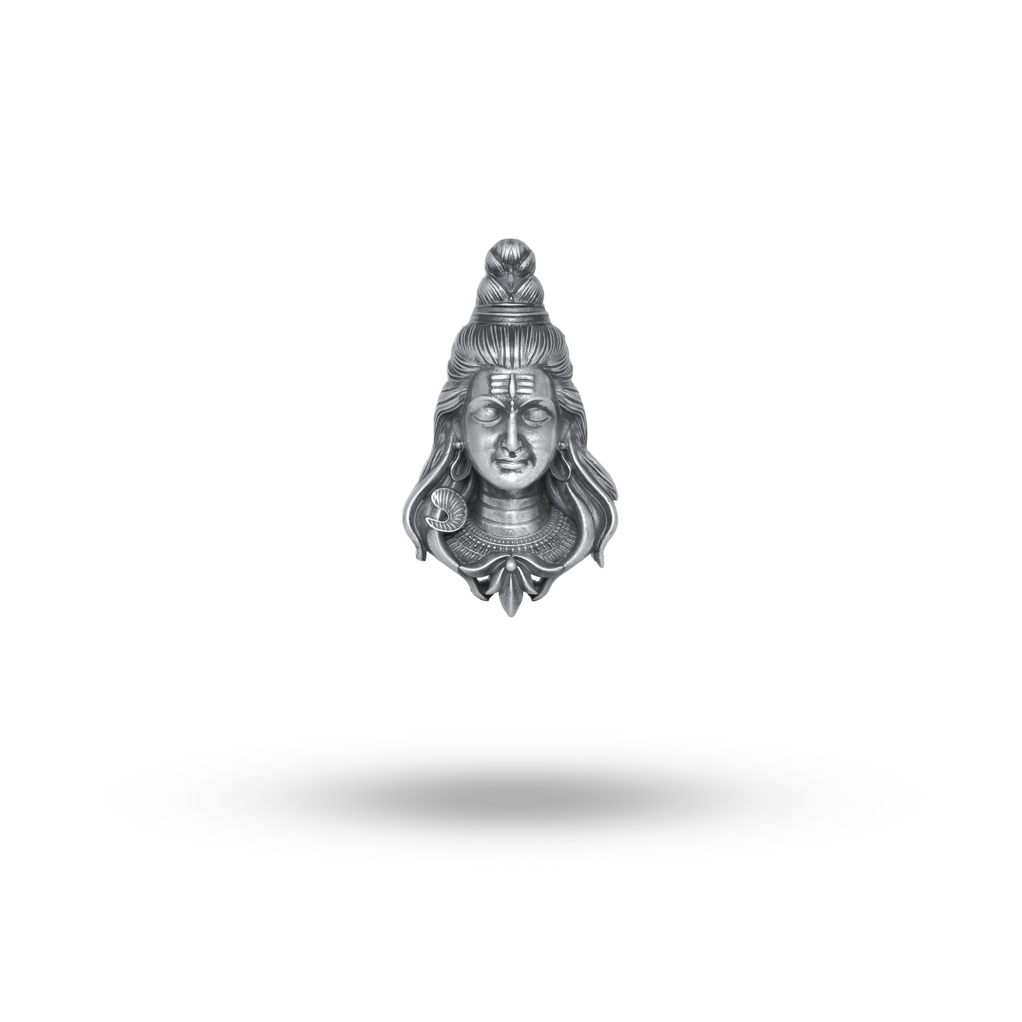 Front view of Dhyani Shiva Multipurpose Brooch in 925 sterling silver with oxidized finish.