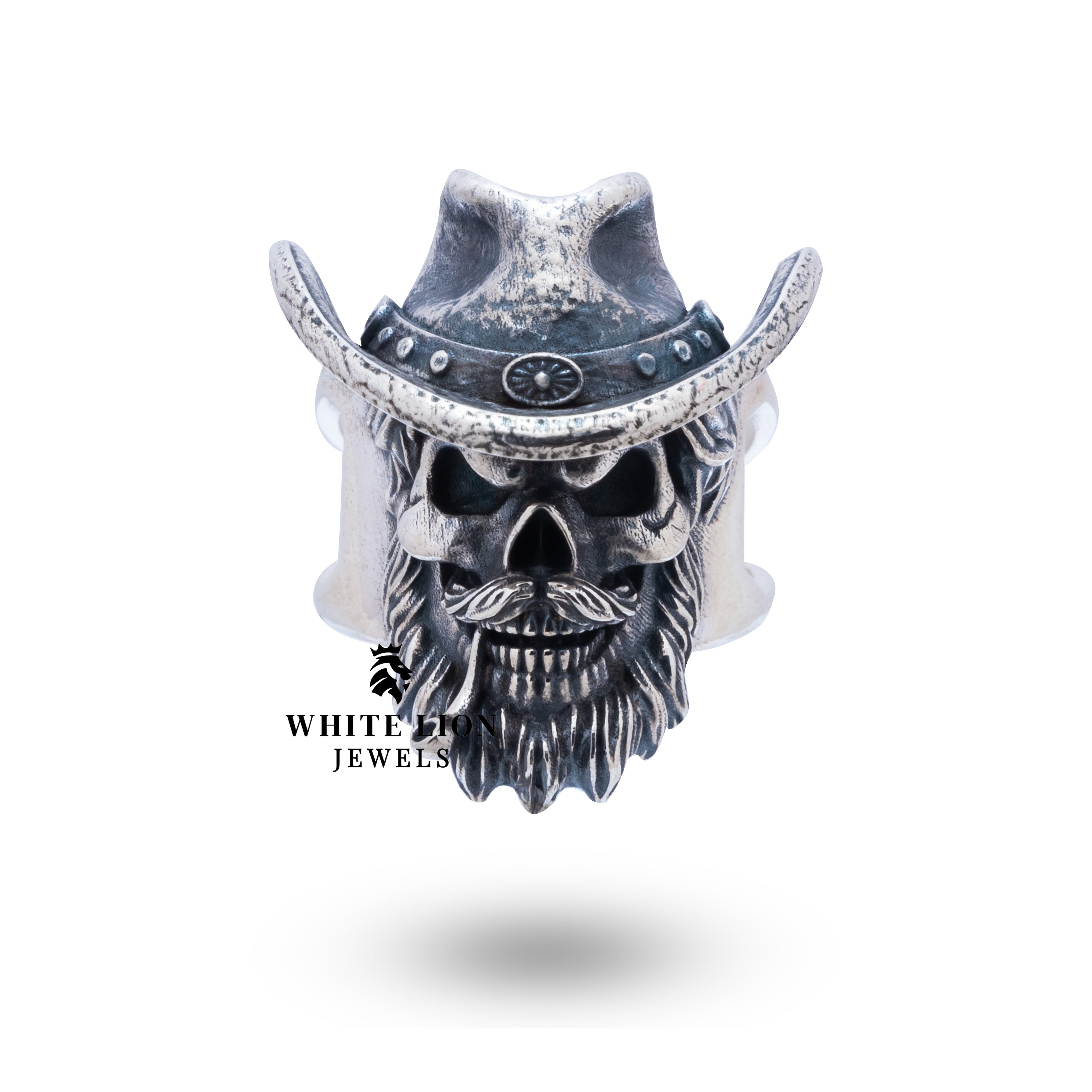Side perspective of Gangster Gothic Hat Pipe Skull Ring showing the intricate design and oxidized finish.