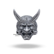 Top view of the Japanese Mythology Protection Oni Mask design, sculpted in sterling silver with protective coating.