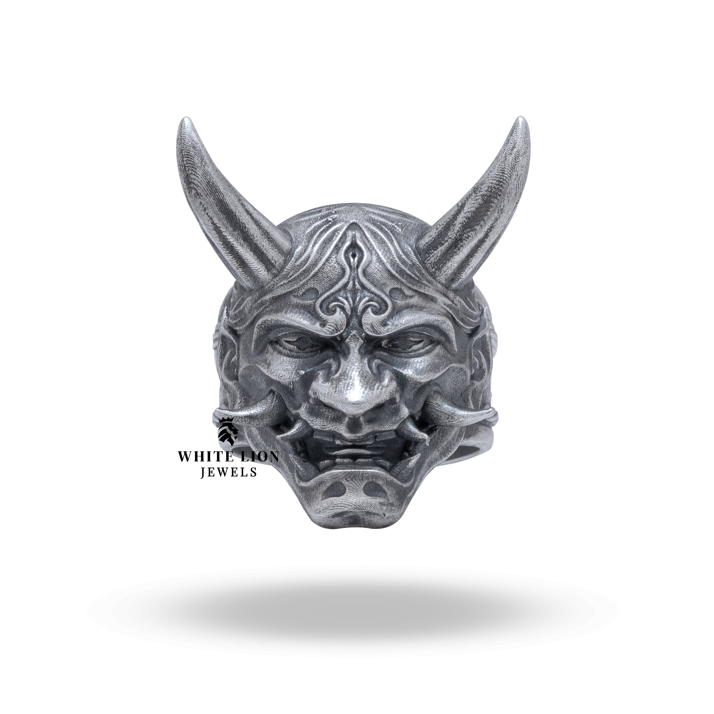 Top view of the Japanese Mythology Protection Oni Mask design, sculpted in sterling silver with protective coating.