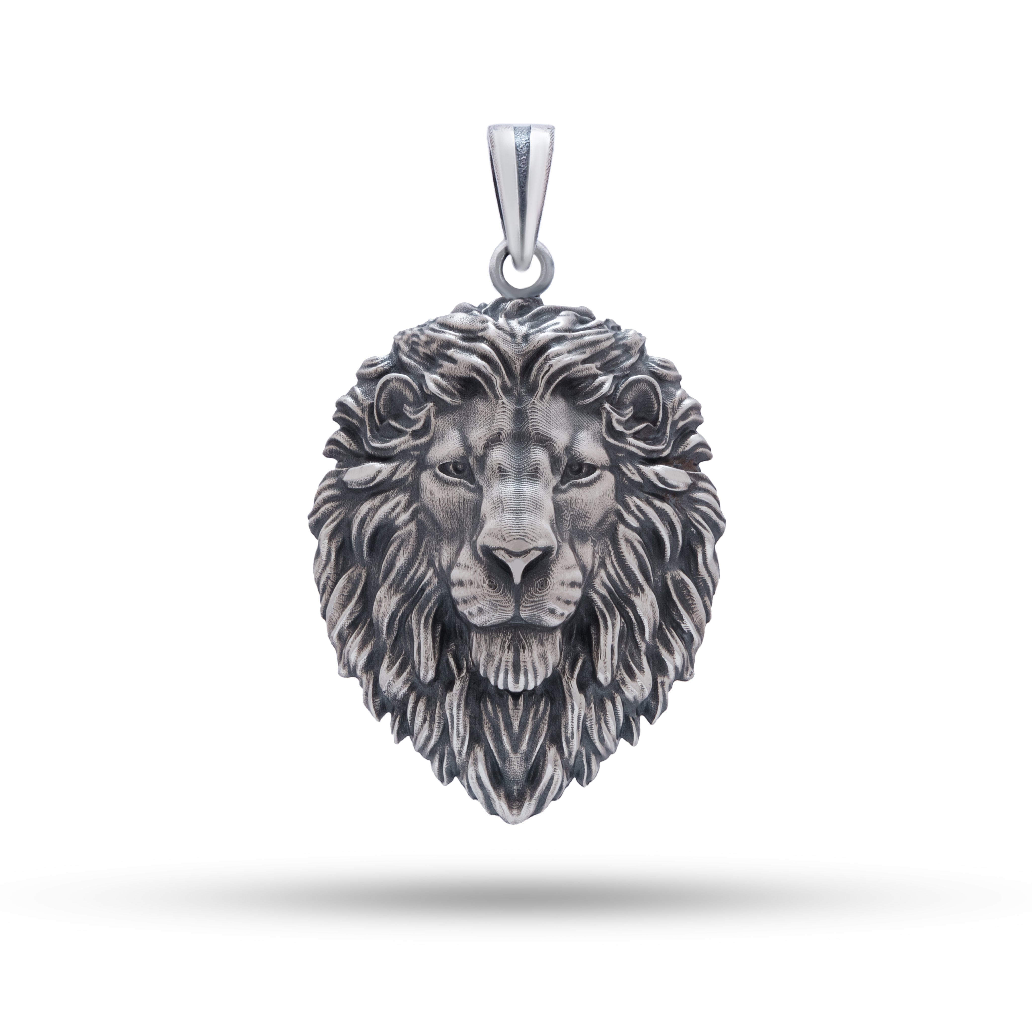 Front view of Calm Lion Jungle Animal 925 Sterling Silver Pendant by White Lion Jewels, featuring intricate lion design