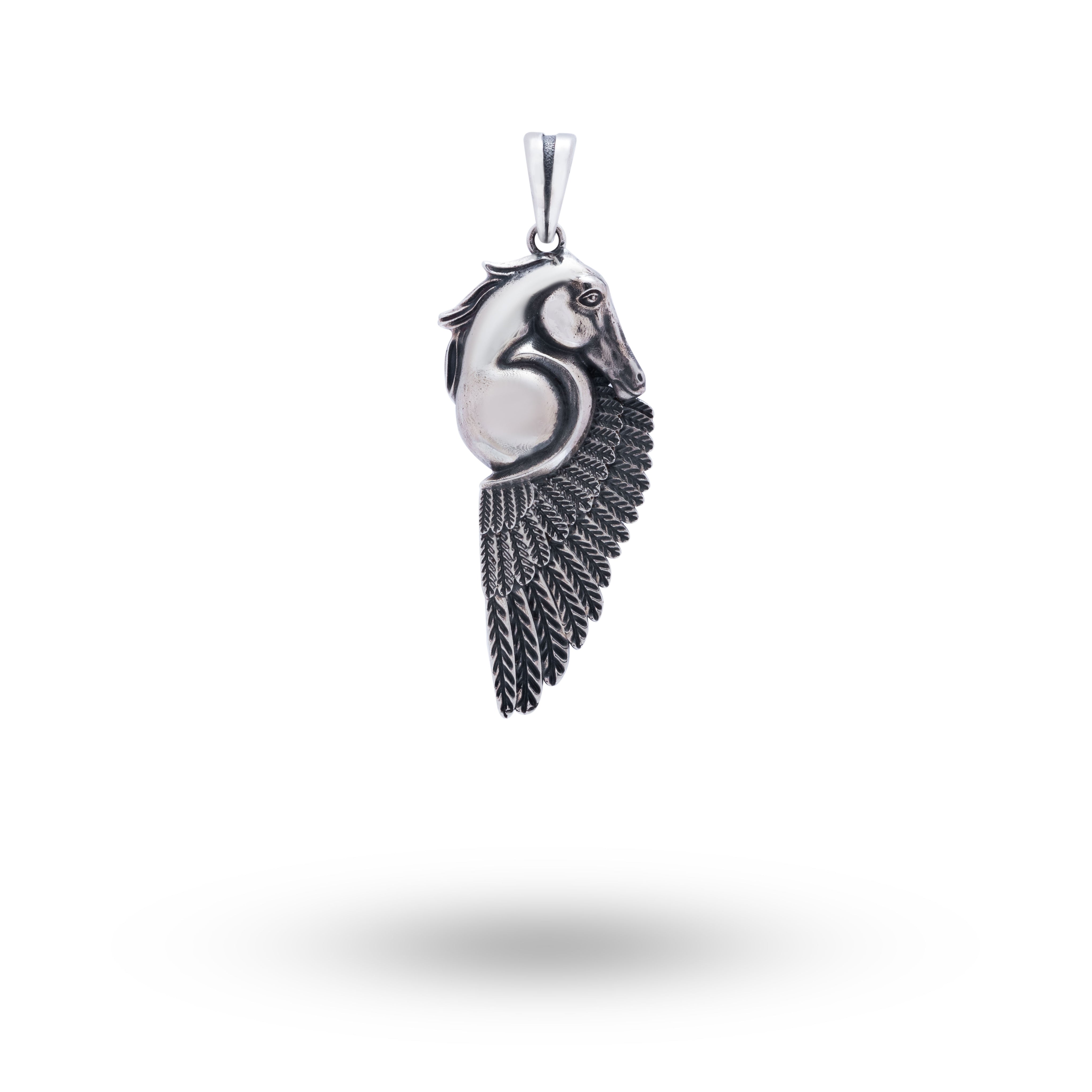 Front view of Pegasus Horse 925 Sterling Silver Pendant showcasing oxidized finish and intricate design.
