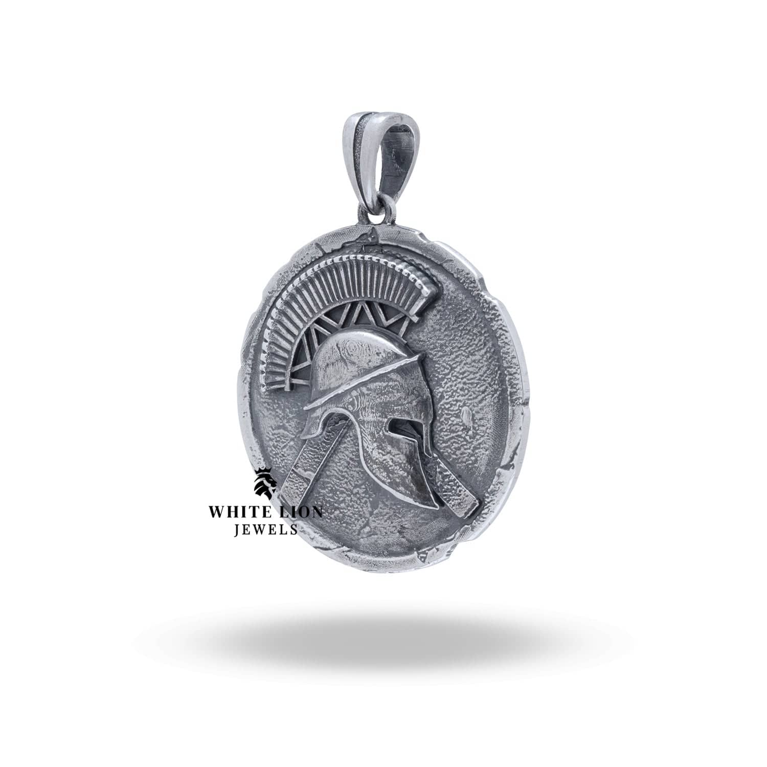 Handcrafted Spartan Helmet Pendant showcasing fine details in oxidized sterling silver
