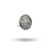 Side view of the Parrot Bird Button Set, demonstrating the artisanal craftsmanship and clarity of the silver.