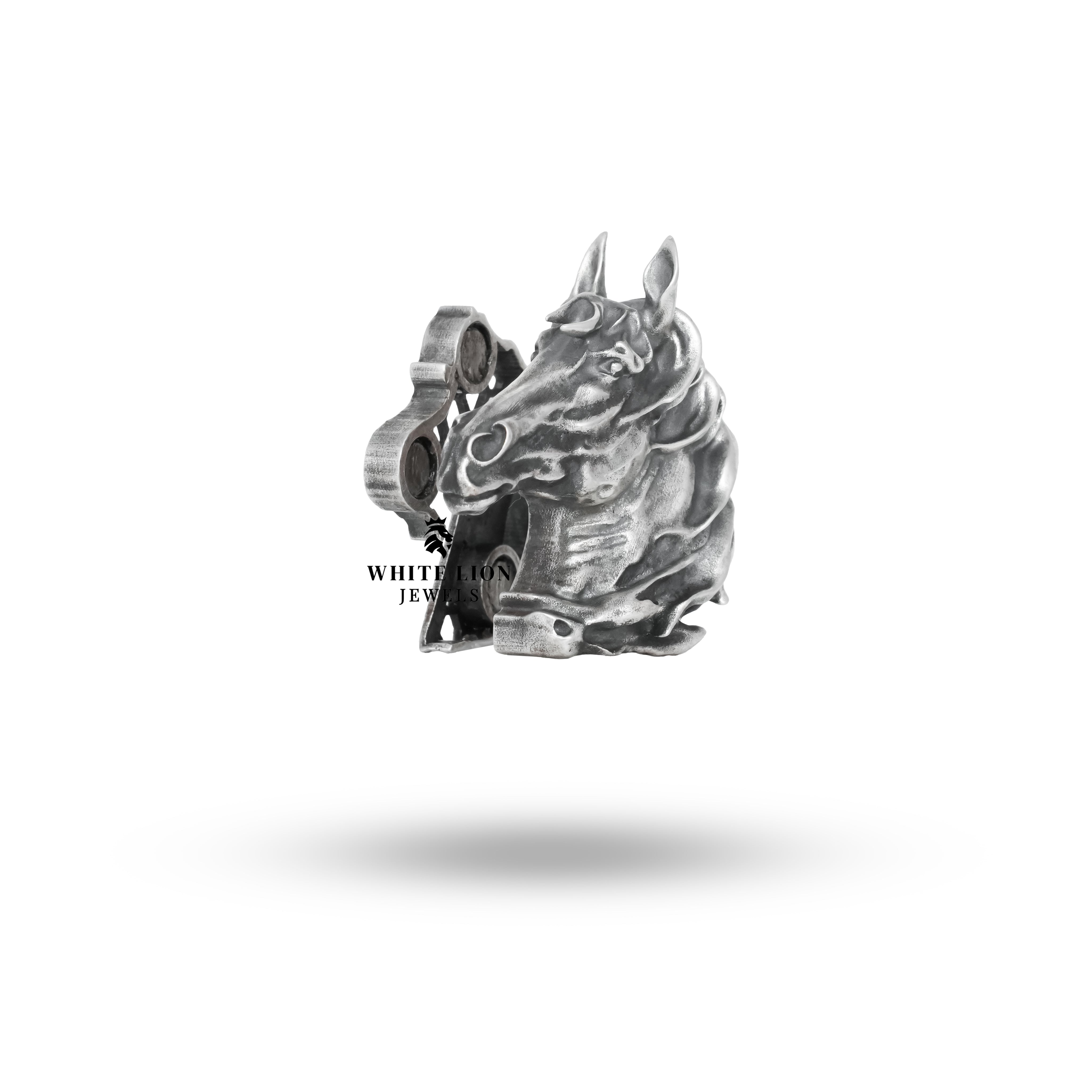 Side view of the Horse Head Magnet Brooch, demonstrating the artisanal craftsmanship and unique design in oxidized silver.