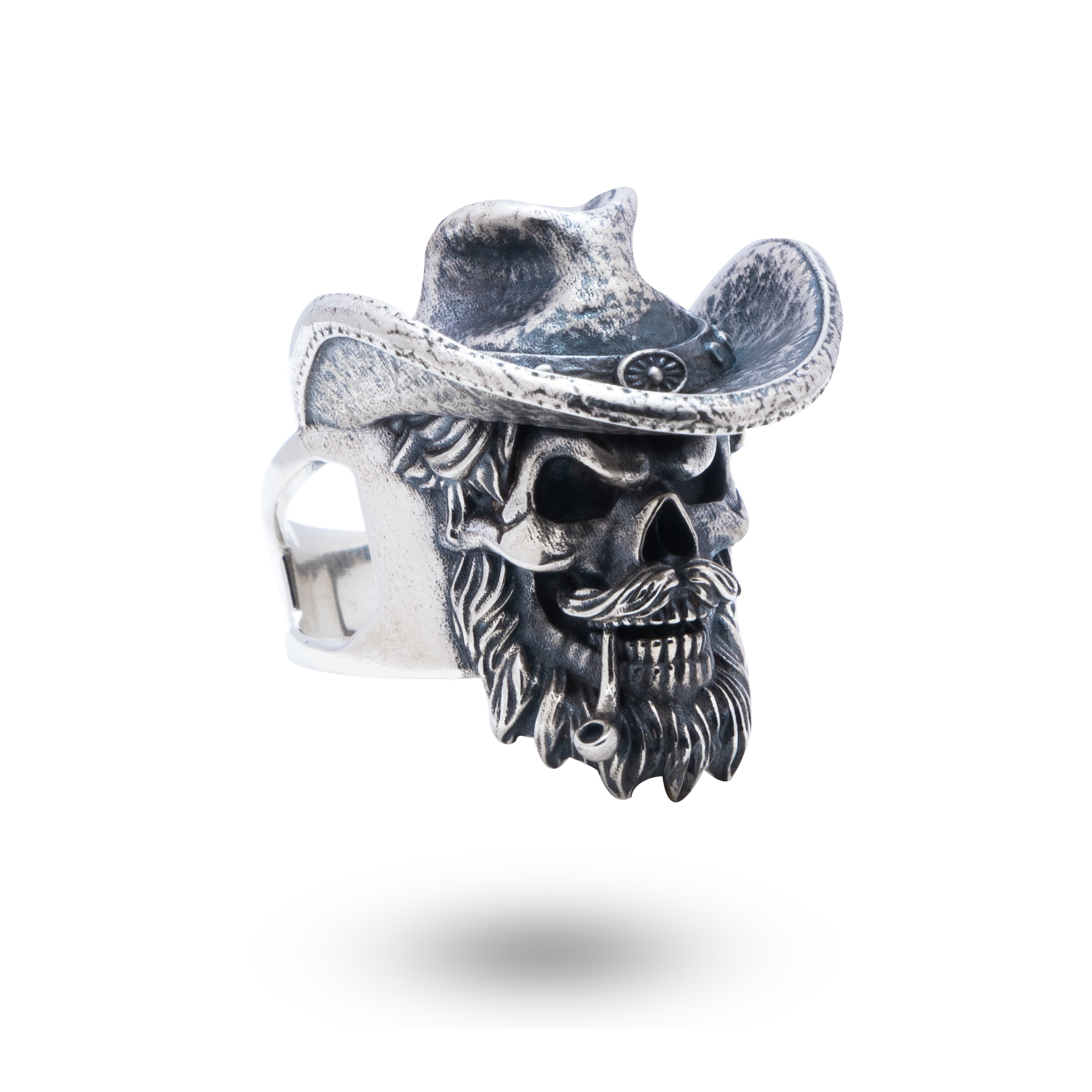 Front view of Gangster Gothic Hat Pipe Skull Sterling Silver Ring, handcrafted in 925 Silver with gothic design.