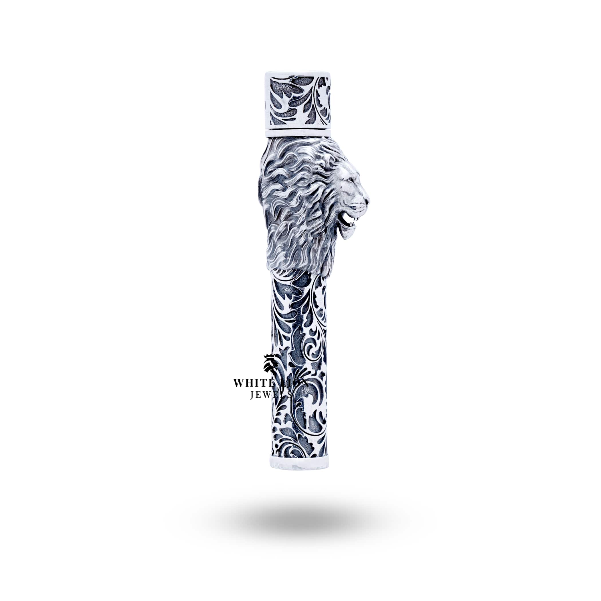 Close-up of Lion 925 Sterling Silver Lighter revealing handcrafted detailing