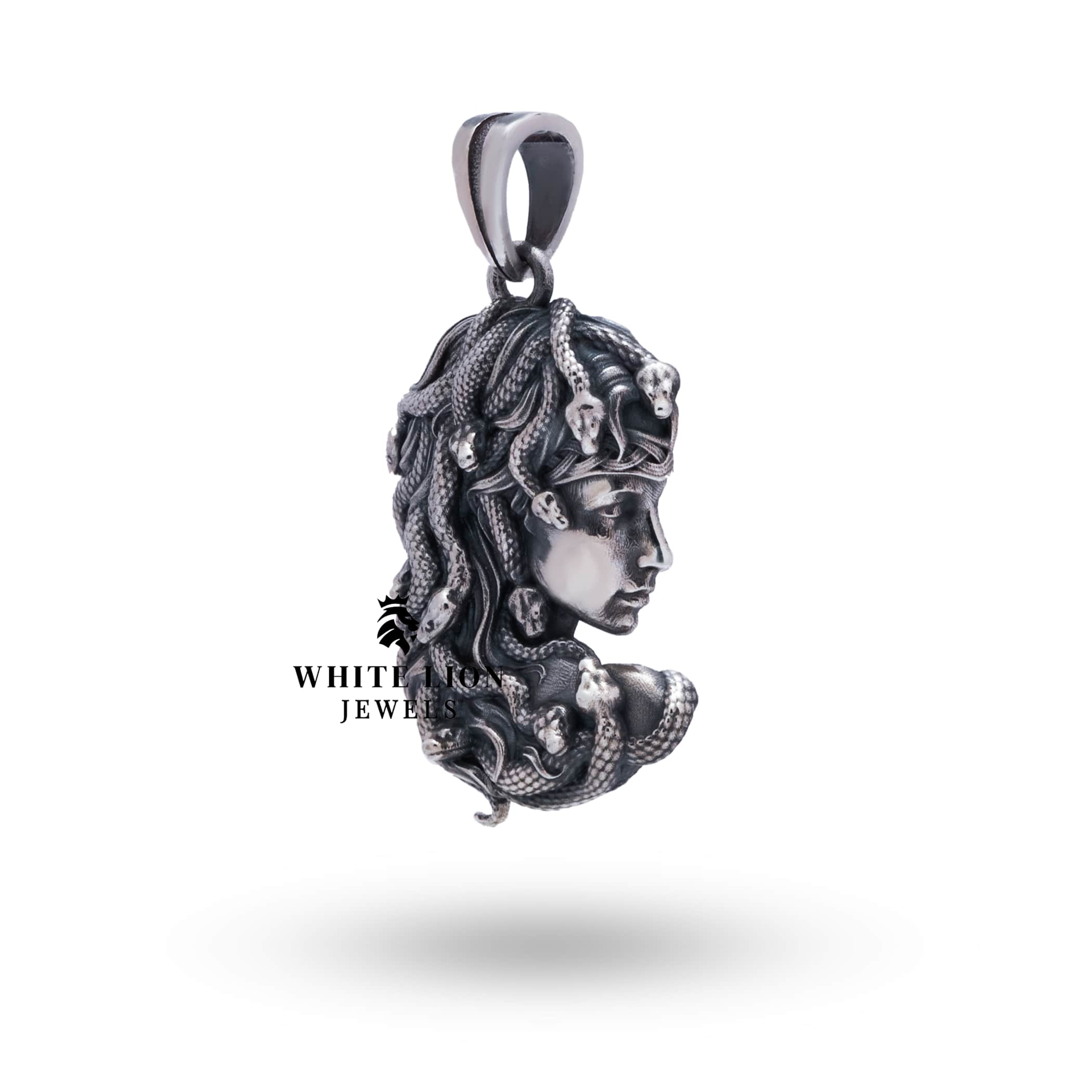 Back view of Medusa Gorgon Goddess Relief 925 Sterling Silver Pendant highlighting sterling silver craftsmanship.