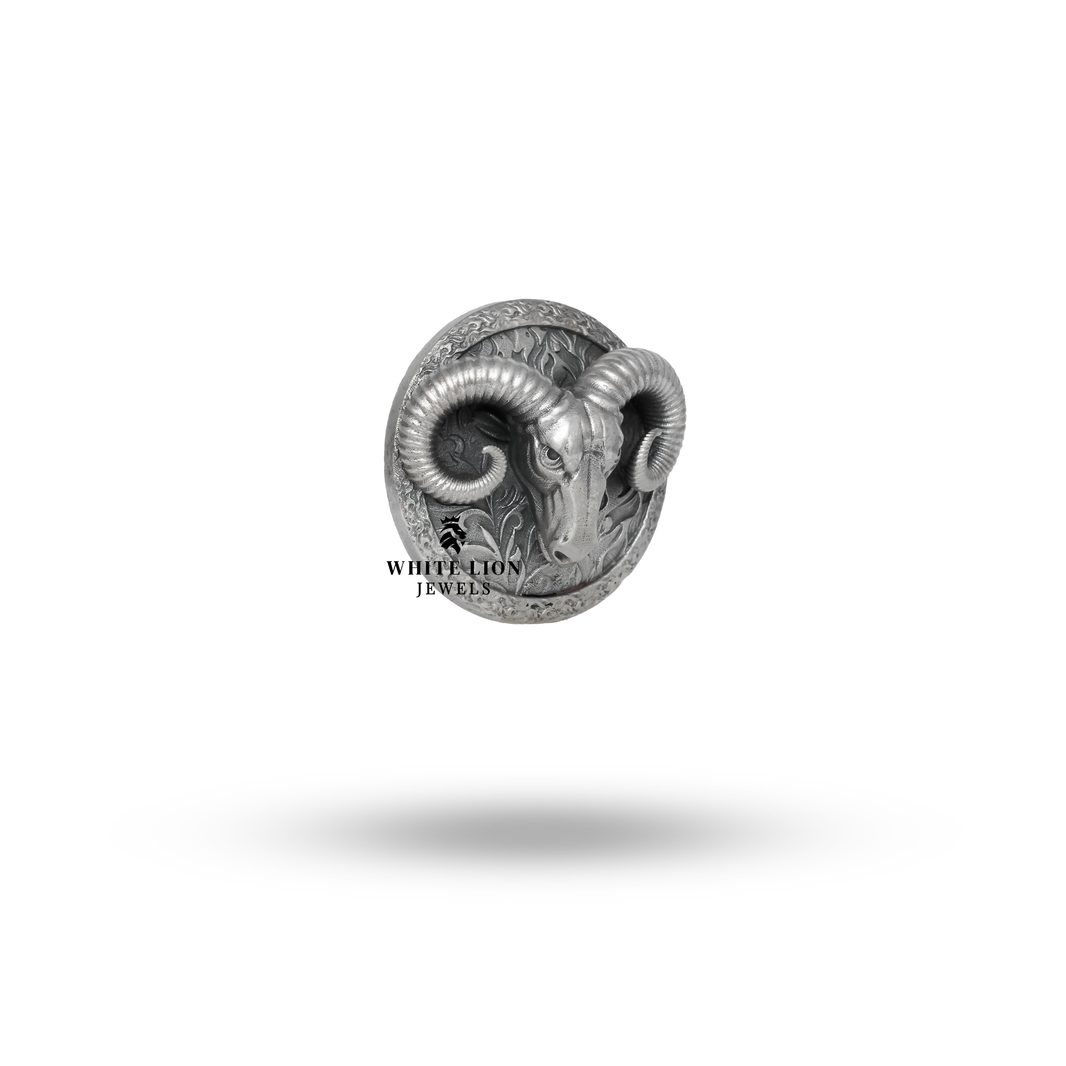 Side view showcasing the intricate craftsmanship of the Ram Head Button Set.