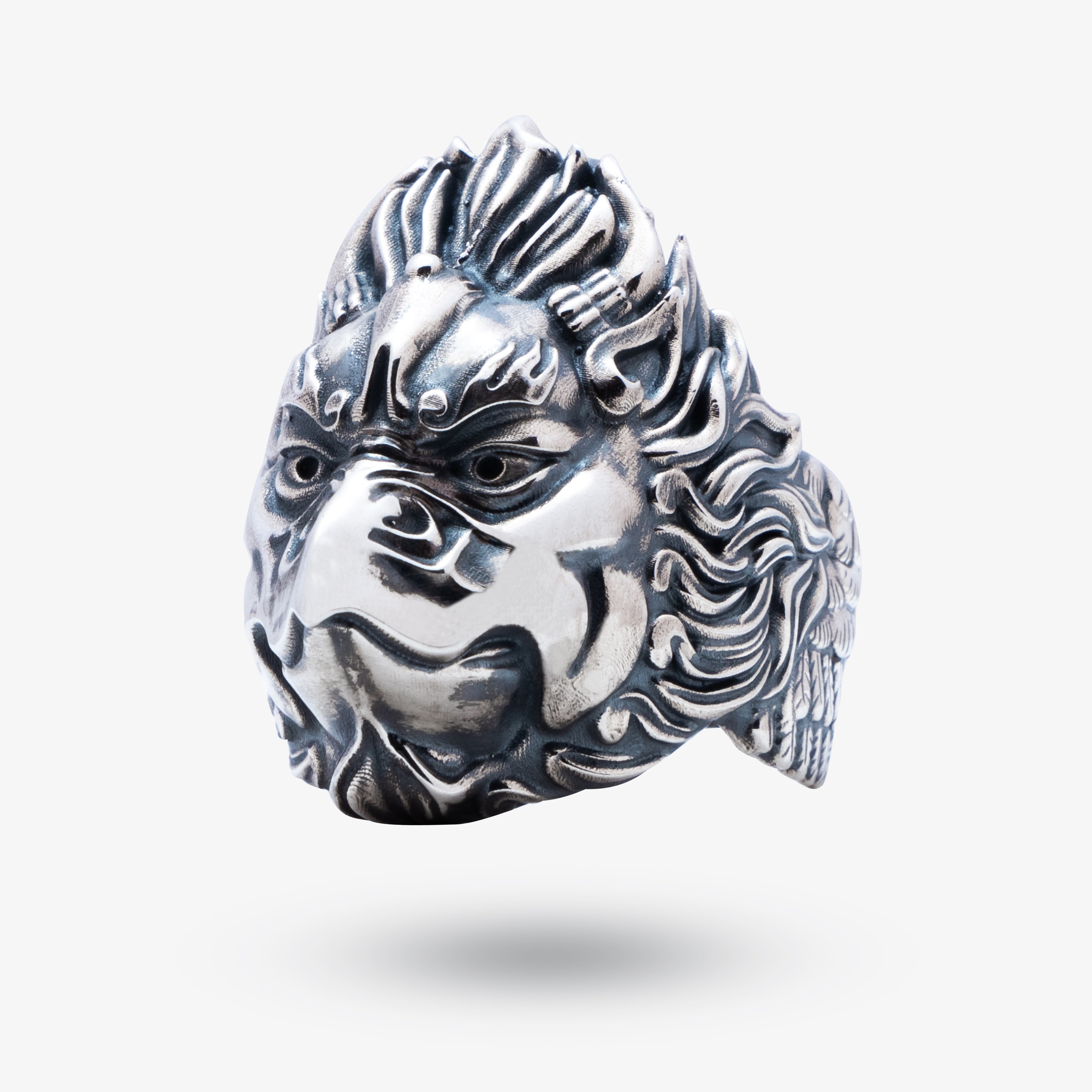 Front view of Garuda 925 Sterling Silver Ring with oxidized finish by White Lion Jewels
