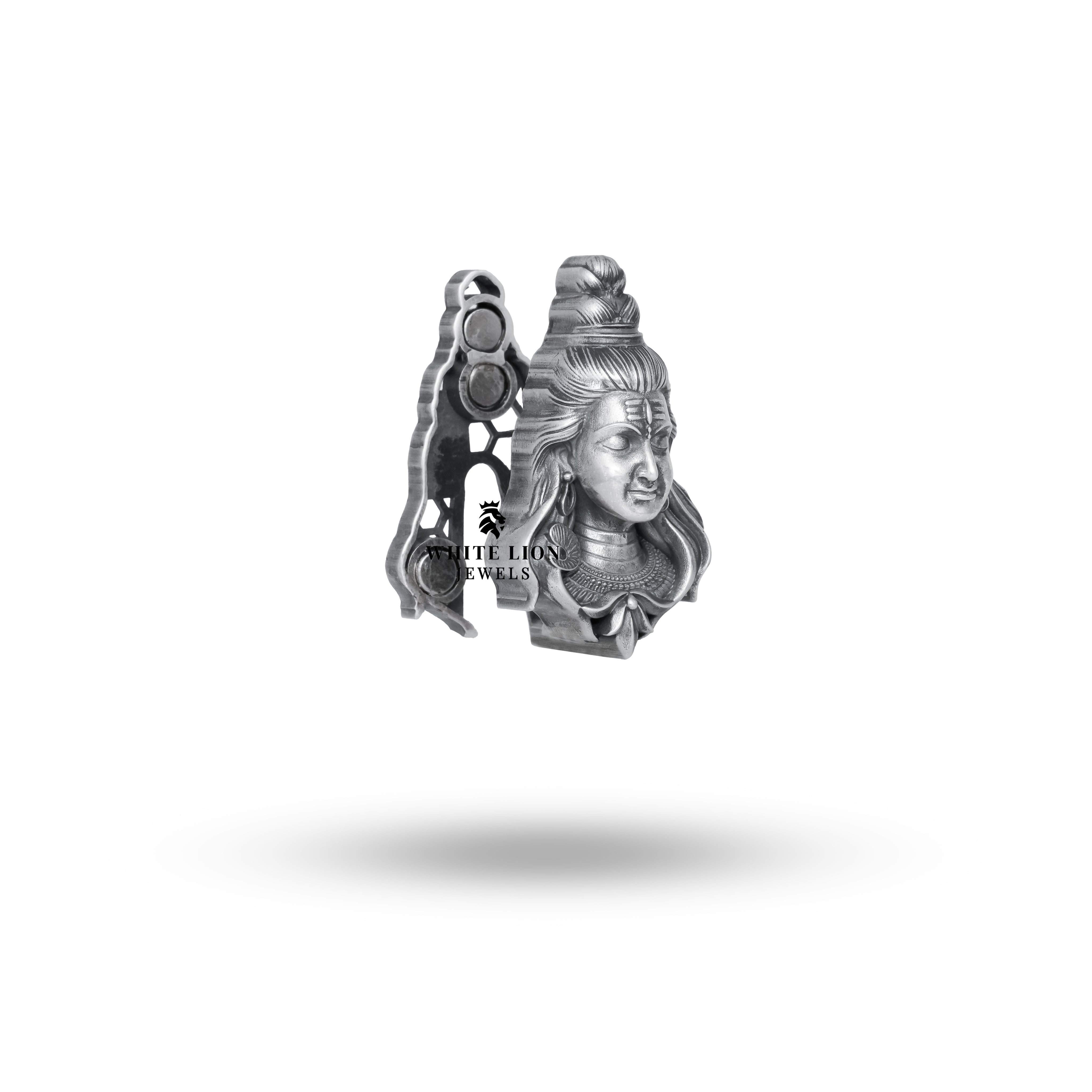 Side view showcasing the intricate craftsmanship of Dhyani Shiva Multipurpose Brooch made from silver.