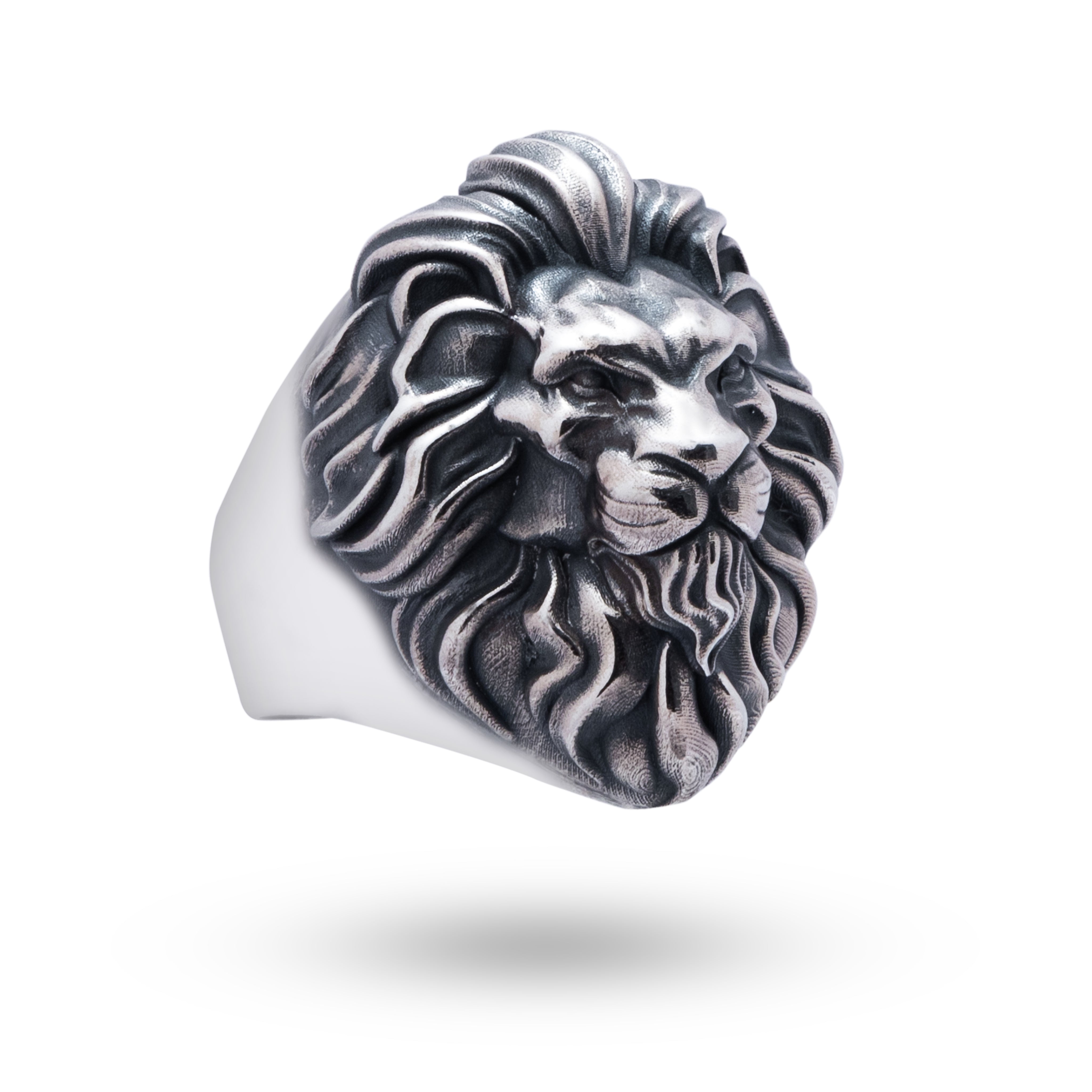 Front view of Classic Lion 925 Sterling Silver Ring, showcasing oxidized silver finish and intricate lion detail.