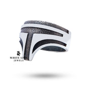 Close-up of intricate medieval helmet design on 925 sterling silver ring.