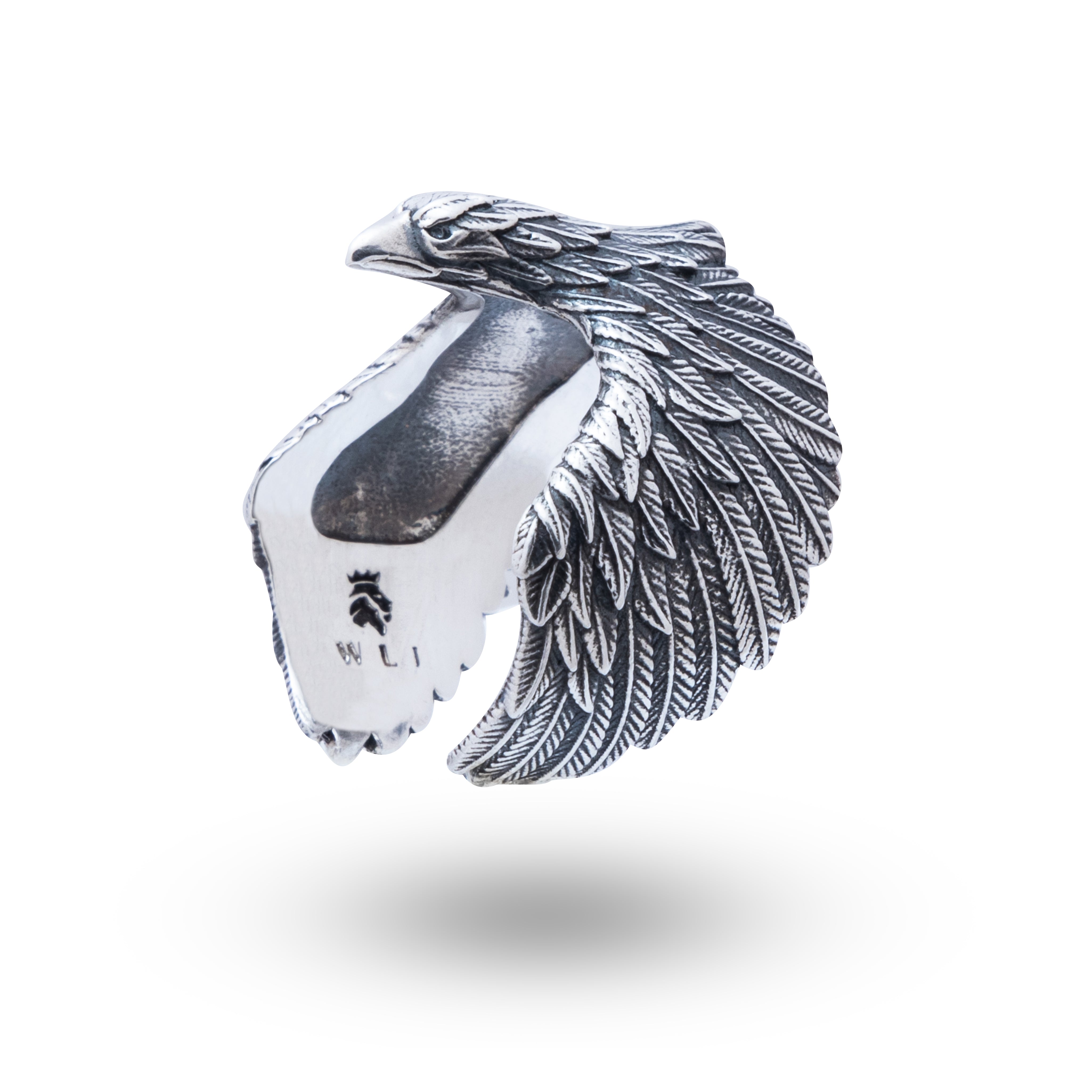 Front view of Flying Eagle 925 Sterling Silver Ring with intricate oxidized silver design by White Lion Jewels.