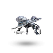 Close-up of a detailed Honey Bee Pendant in Sterling Silver with oxidized finish by White Lion Jewels.