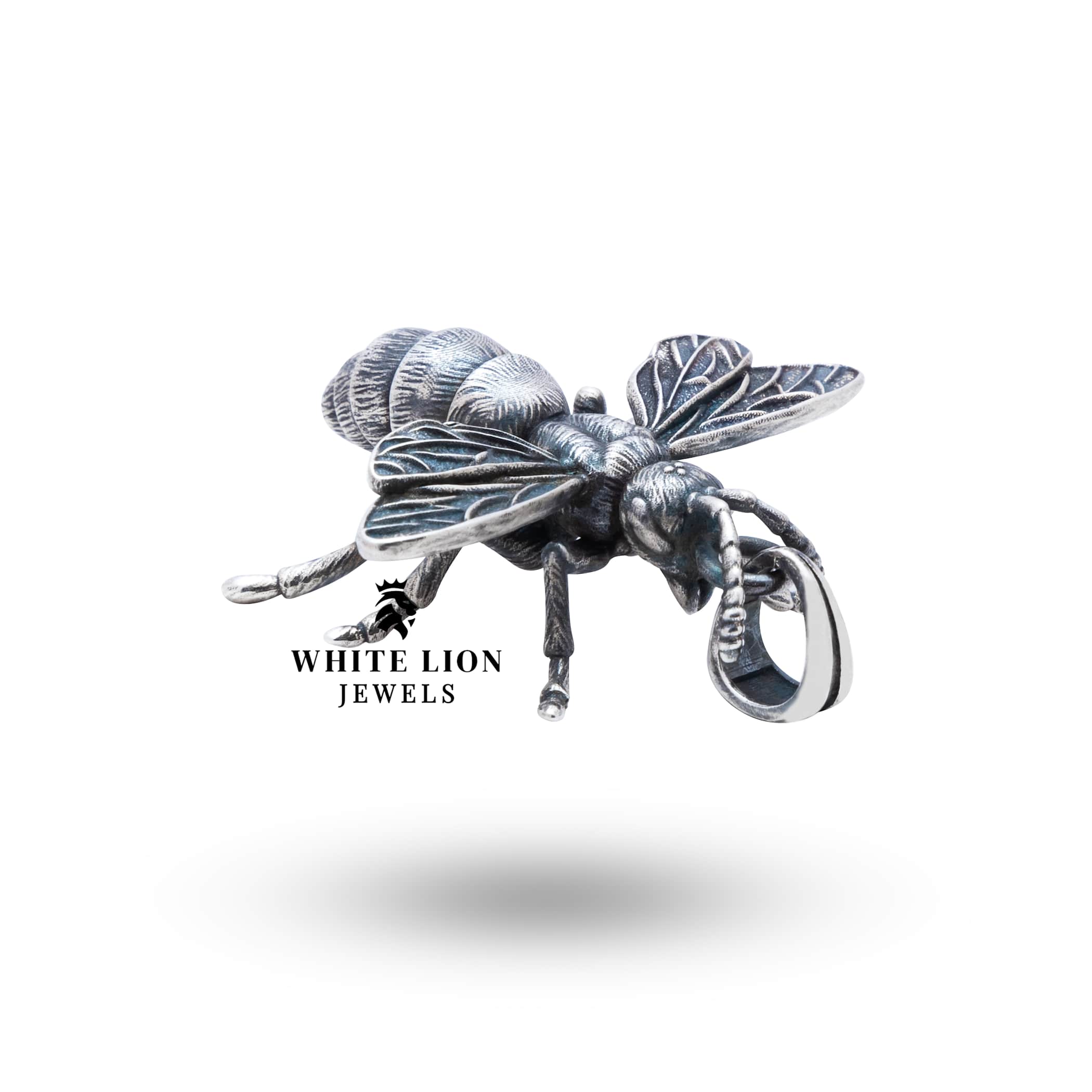 Close-up of a detailed Honey Bee Pendant in Sterling Silver with oxidized finish by White Lion Jewels.