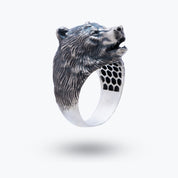 Front view of Bear Animal 925 Sterling Silver Ring with oxidized bear head design