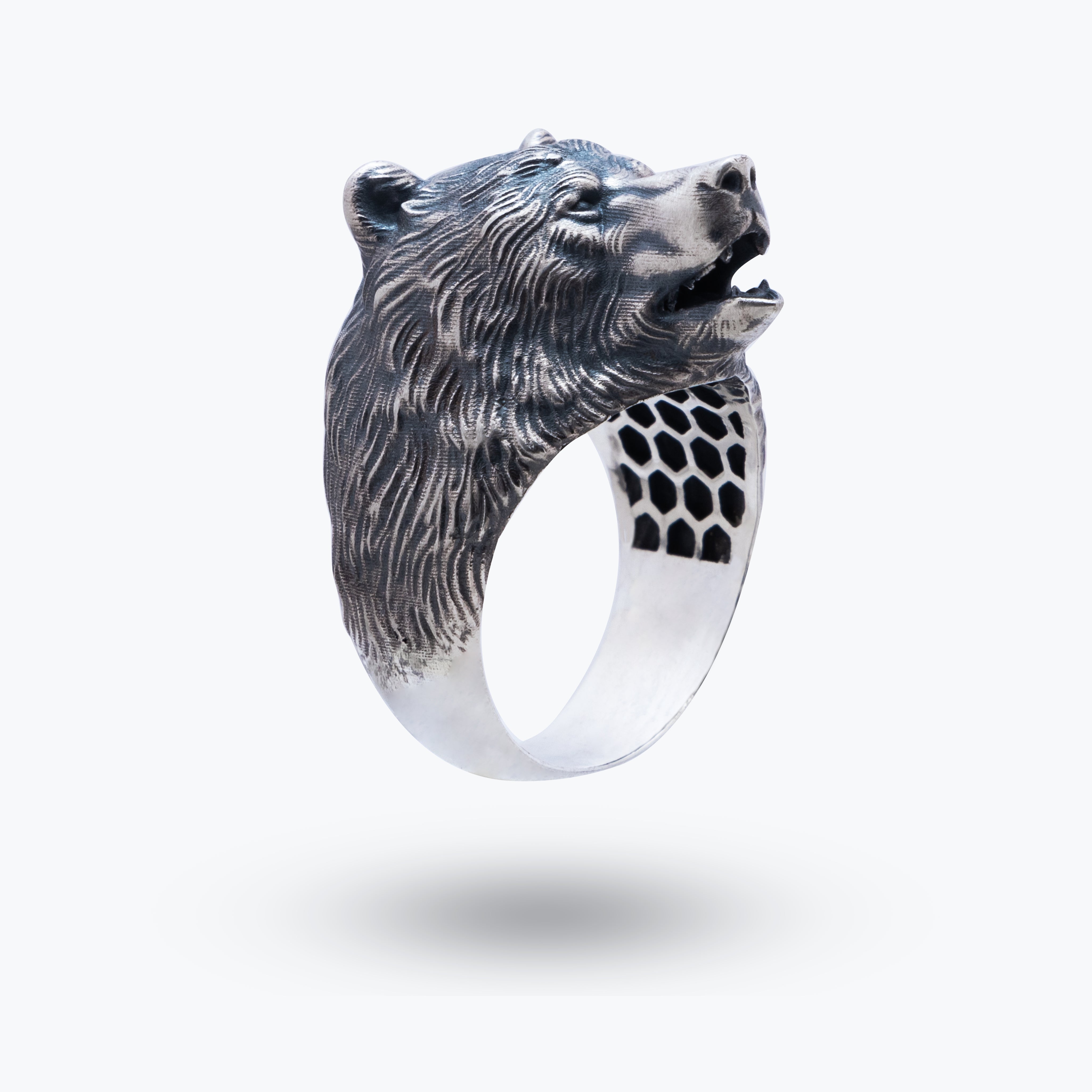 Front view of Bear Animal 925 Sterling Silver Ring with oxidized bear head design