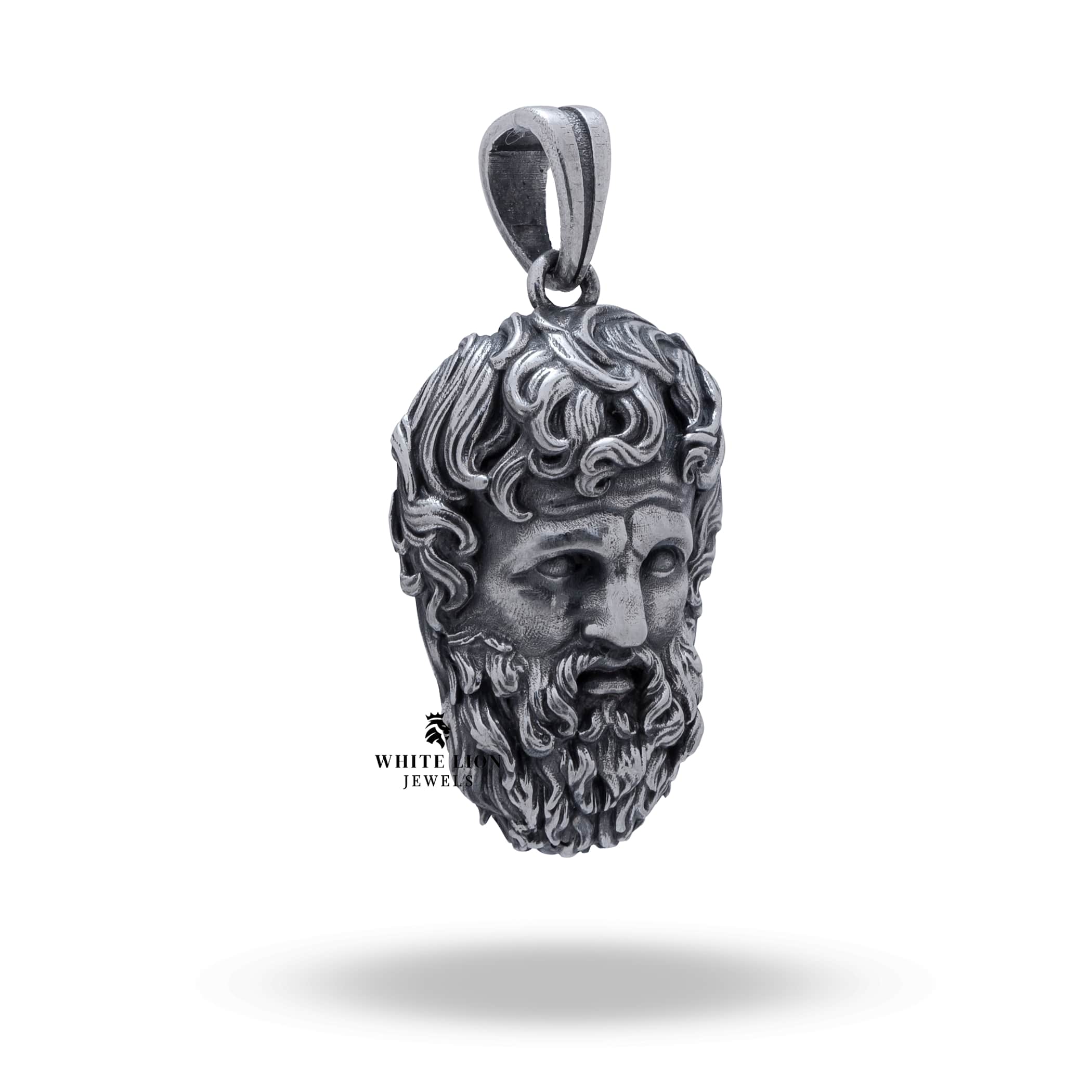 Front view of Greek Zeus God Of Thunder pendant in sterling silver with artistic engravings