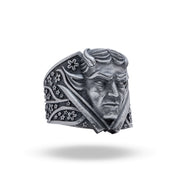 Oni Japanese Demon Devil Silver Ring showcasing intricate floral design in 925 sterling silver with oxidized finish