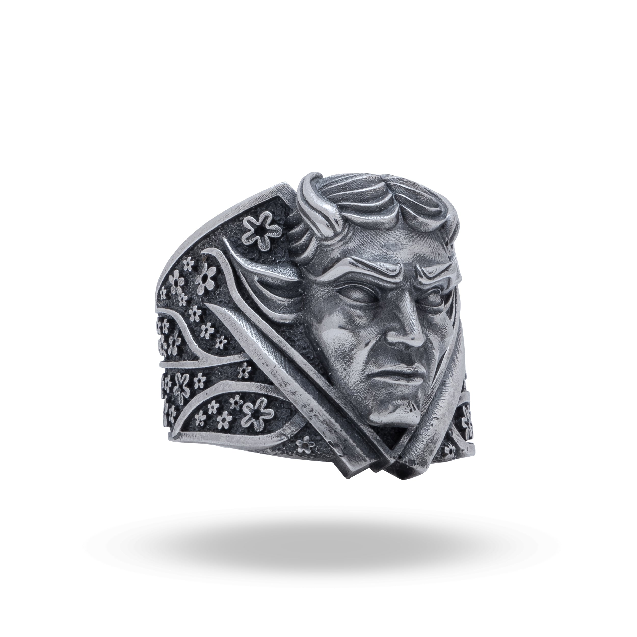 Oni Japanese Demon Devil Silver Ring showcasing intricate floral design in 925 sterling silver with oxidized finish
