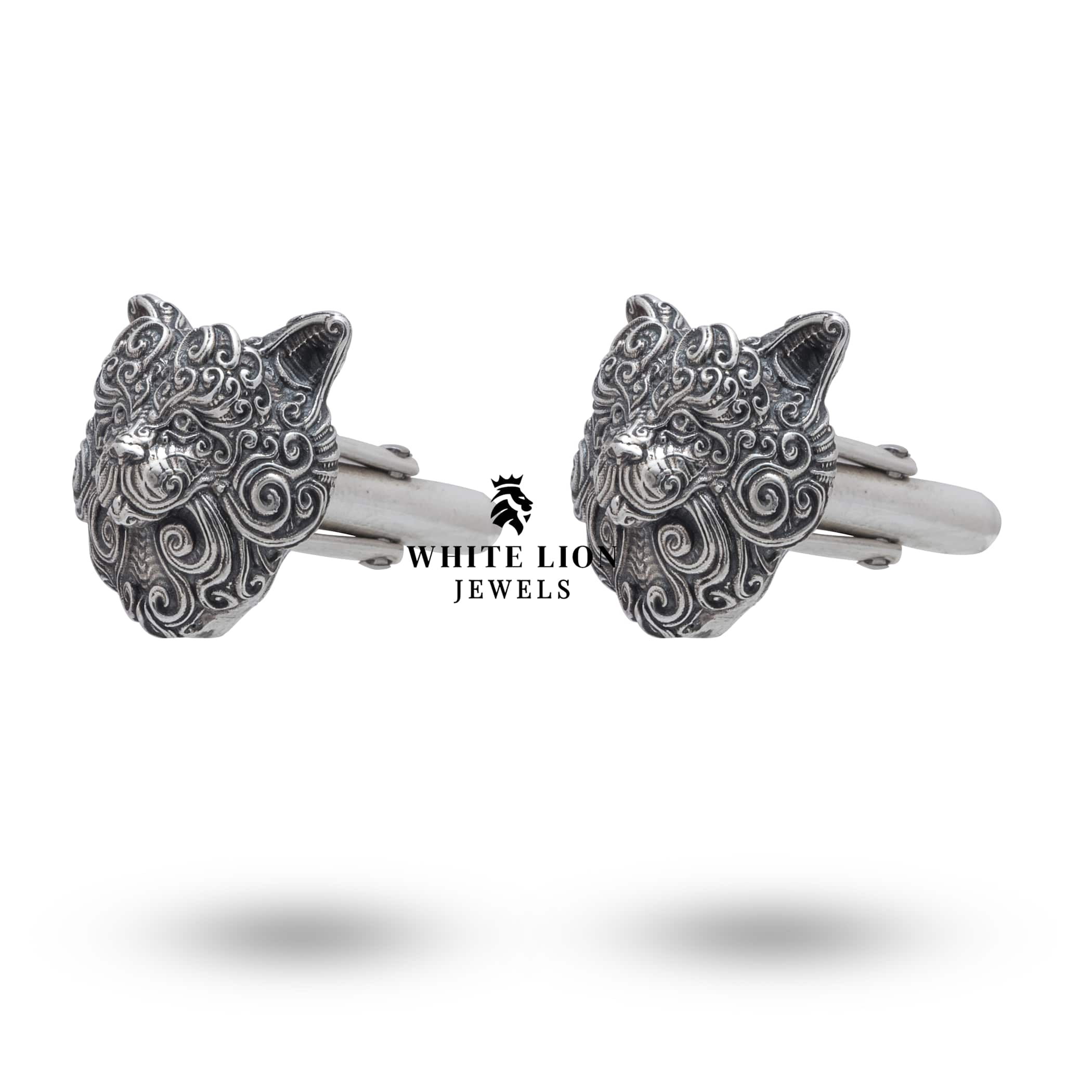 Pair of Cat 925 Sterling Silver Cufflinks highlighting their elegant curvature and 1.9 cm diameter.