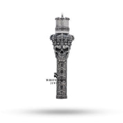 Side angle of oxidized silver skull lighter showcasing its detailed craftsmanship.