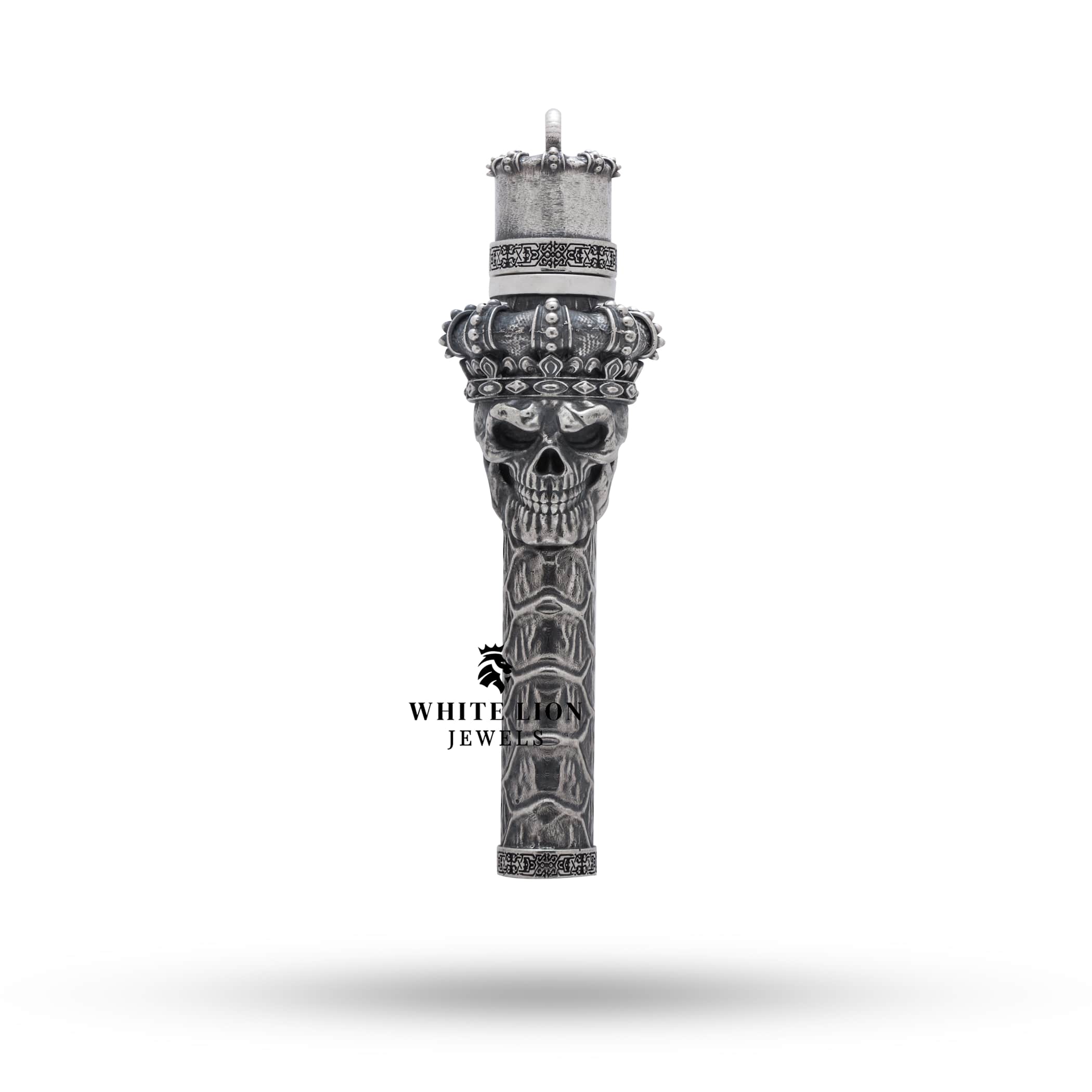 Side angle of oxidized silver skull lighter showcasing its detailed craftsmanship.