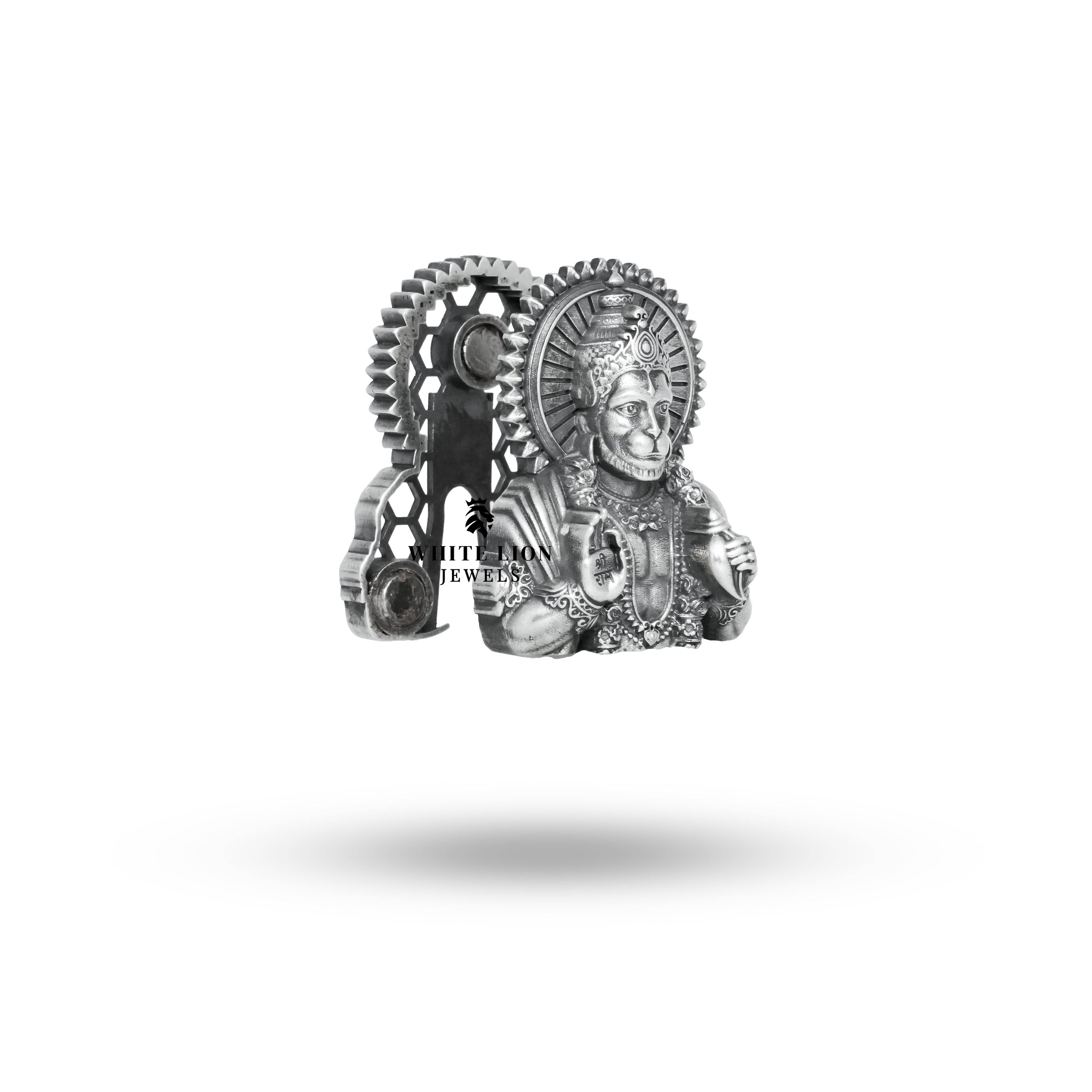 Side view showing the intricate craftsmanship of the Blessing Hanuman Brooch in oxidized silver.