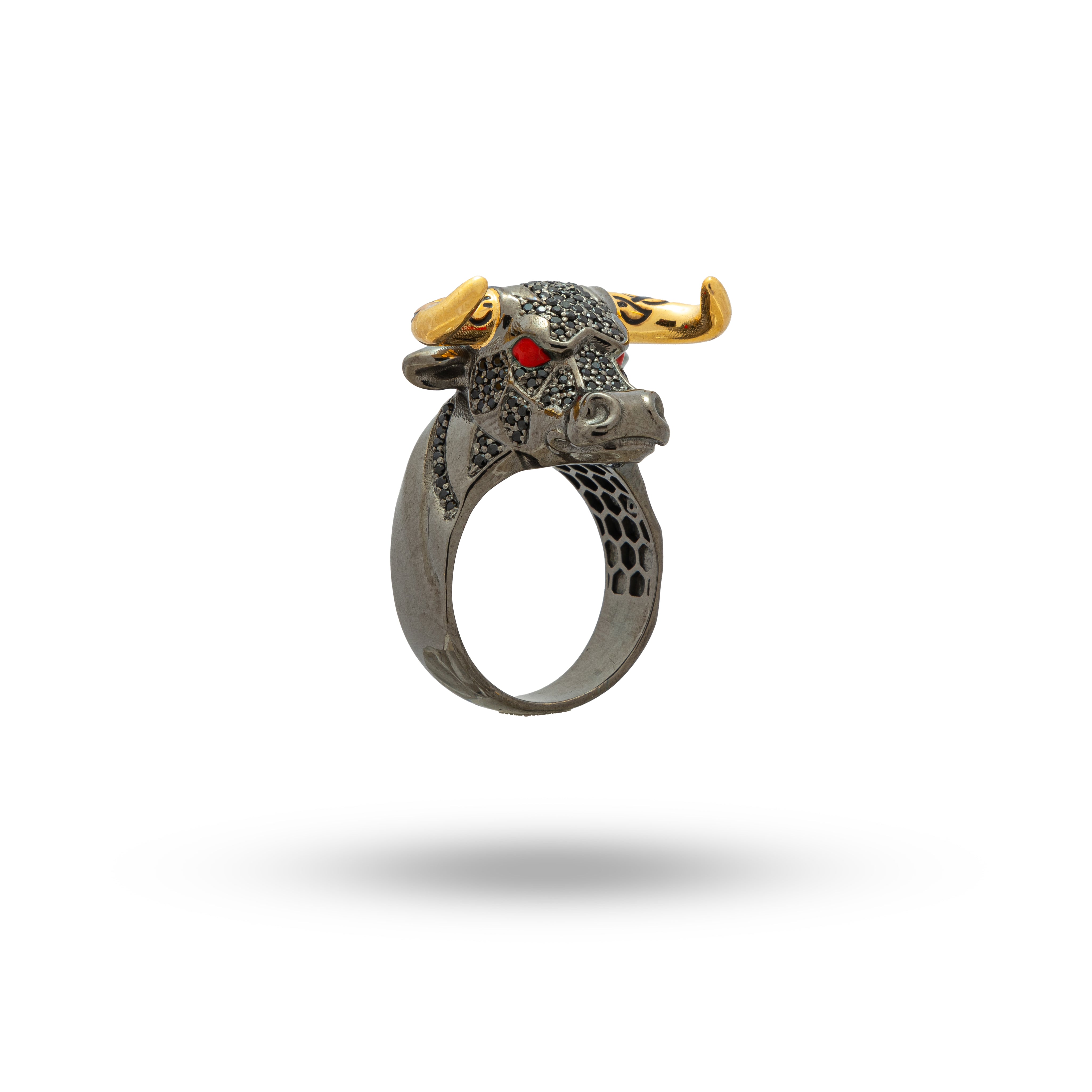 Golden Horned Black Cz Bull Taurus 925 Sterling Silver Ring