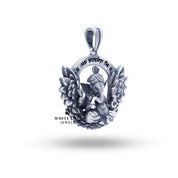 Side profile of the Ganesha Atharva Wings pendant in 925 oxidized silver, highlighting the intricate detailing and wing design.