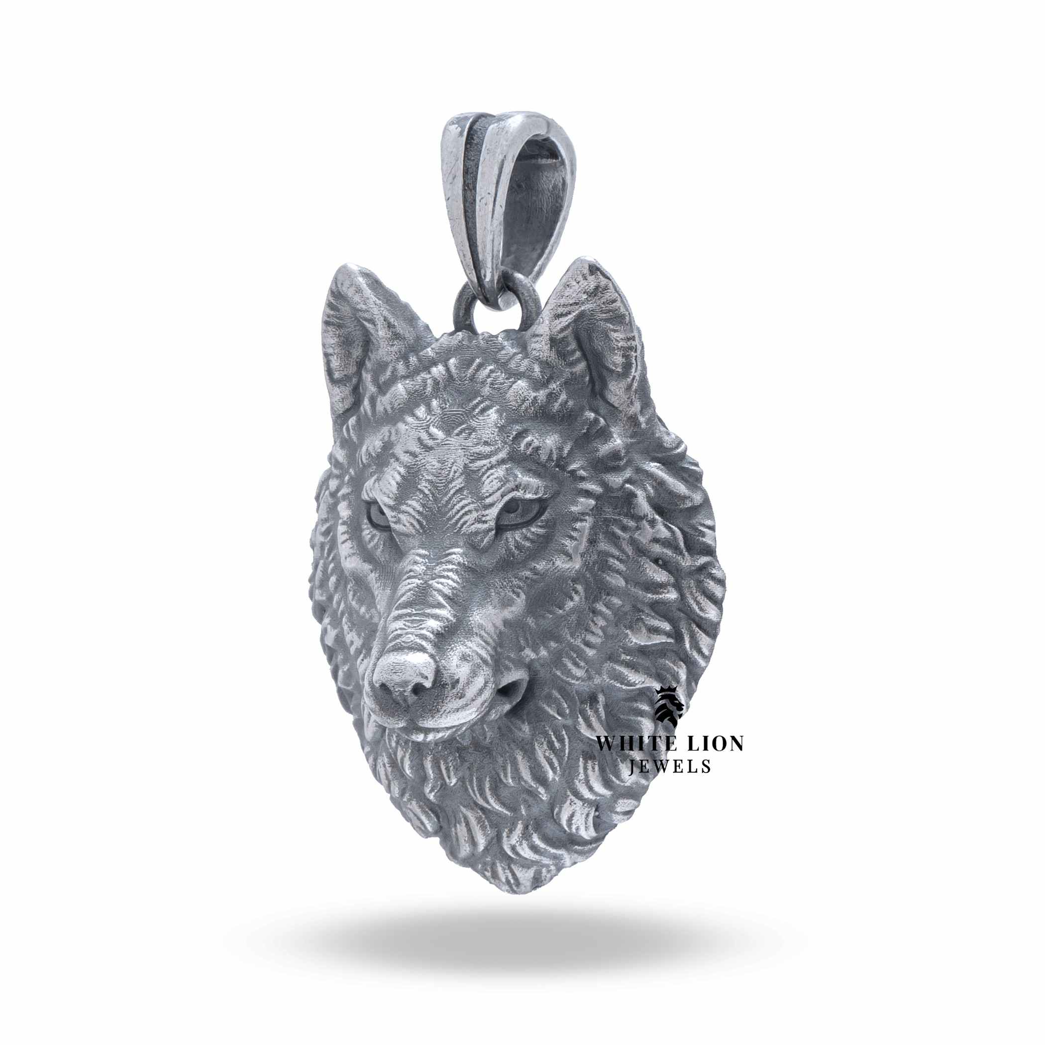Detailed view of Wild Wolf Head Pendant in 925 Sterling Silver with oxidized finish.