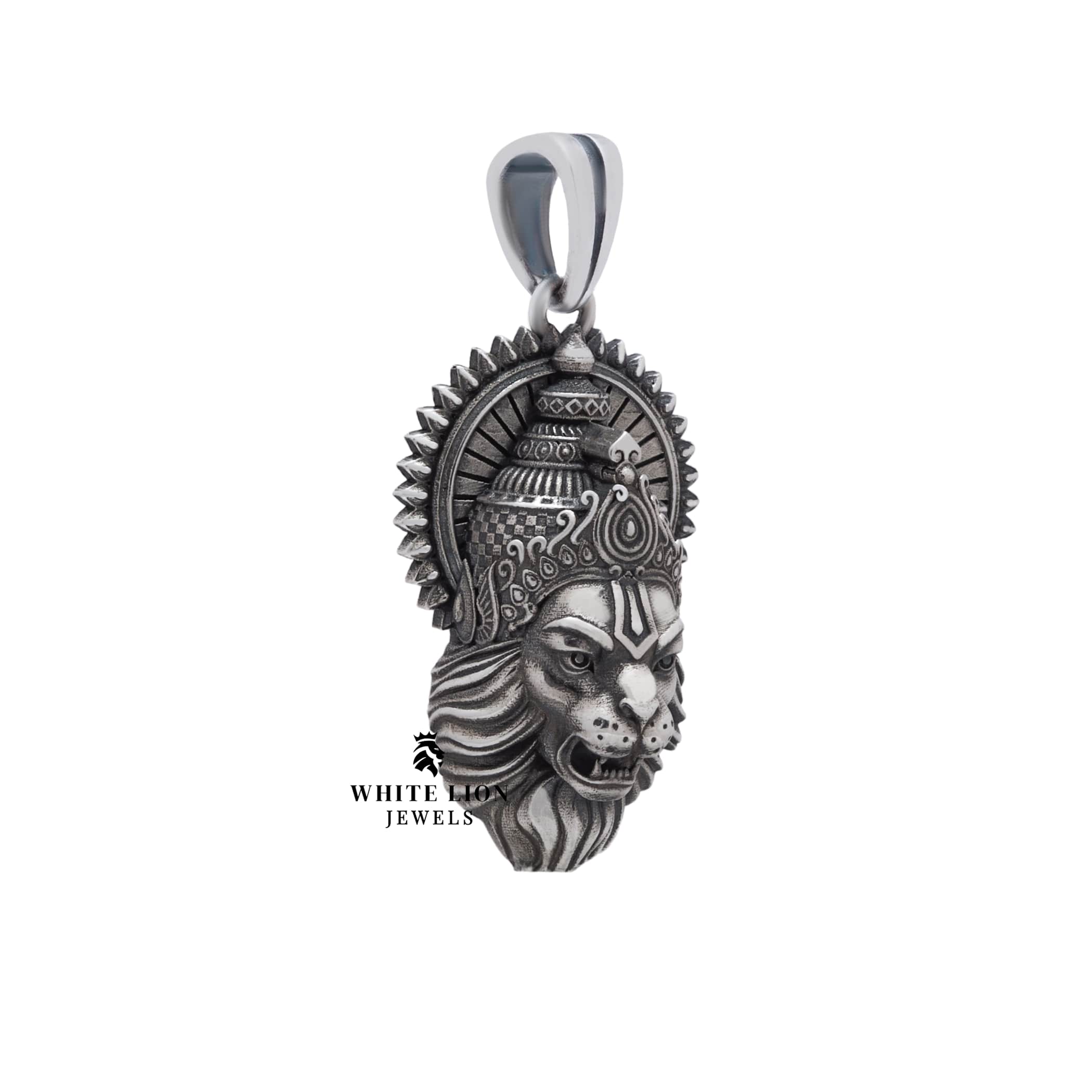 Side angle of the Narsimha 925 Sterling Silver Pendant, showcasing its intricate design.