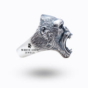 Close Up of Handcrafted Roaring Gorilla 925 Silver Ring