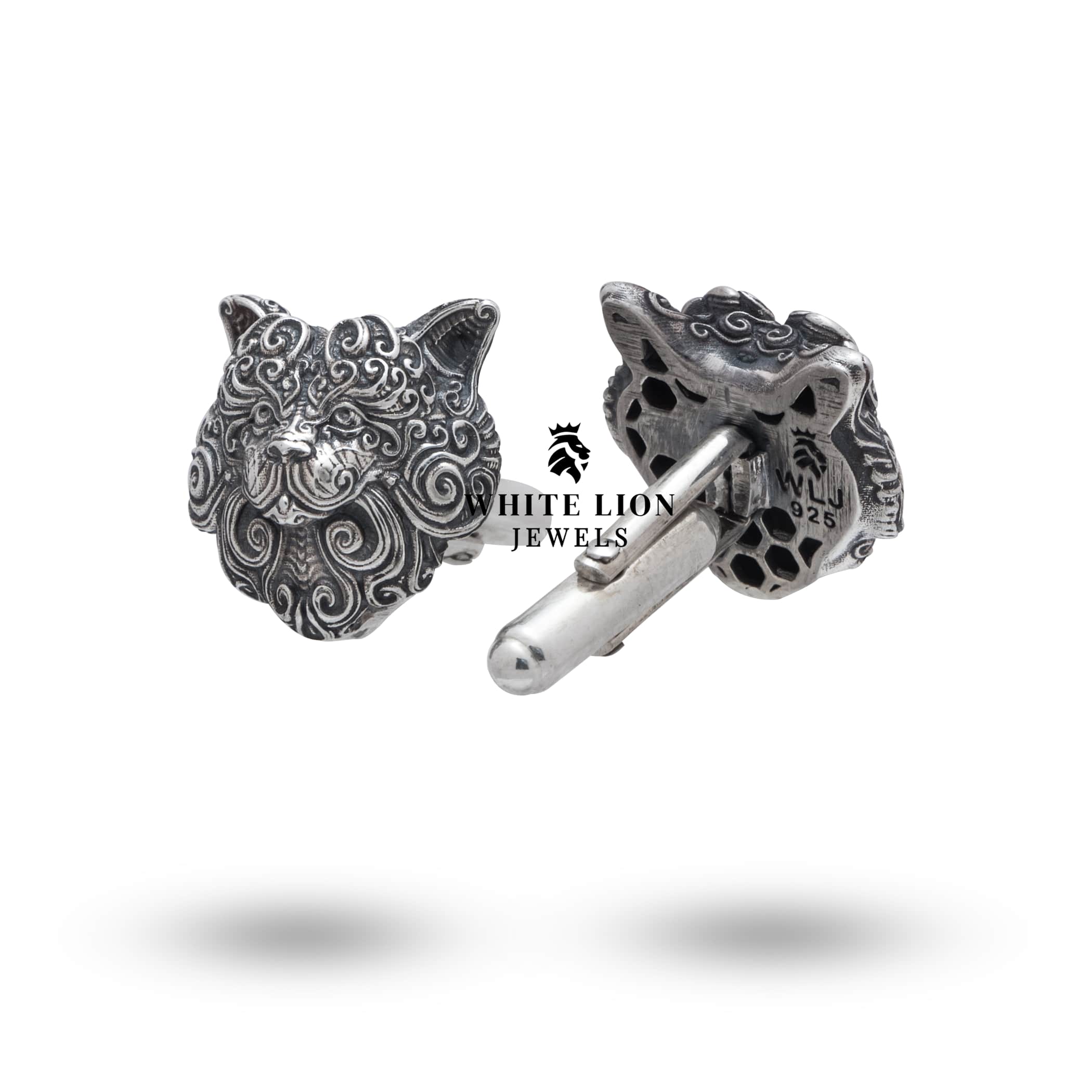 Close-up of Cat 925 Sterling Silver Cufflinks focusing on the nickel-free, clear protective coating.