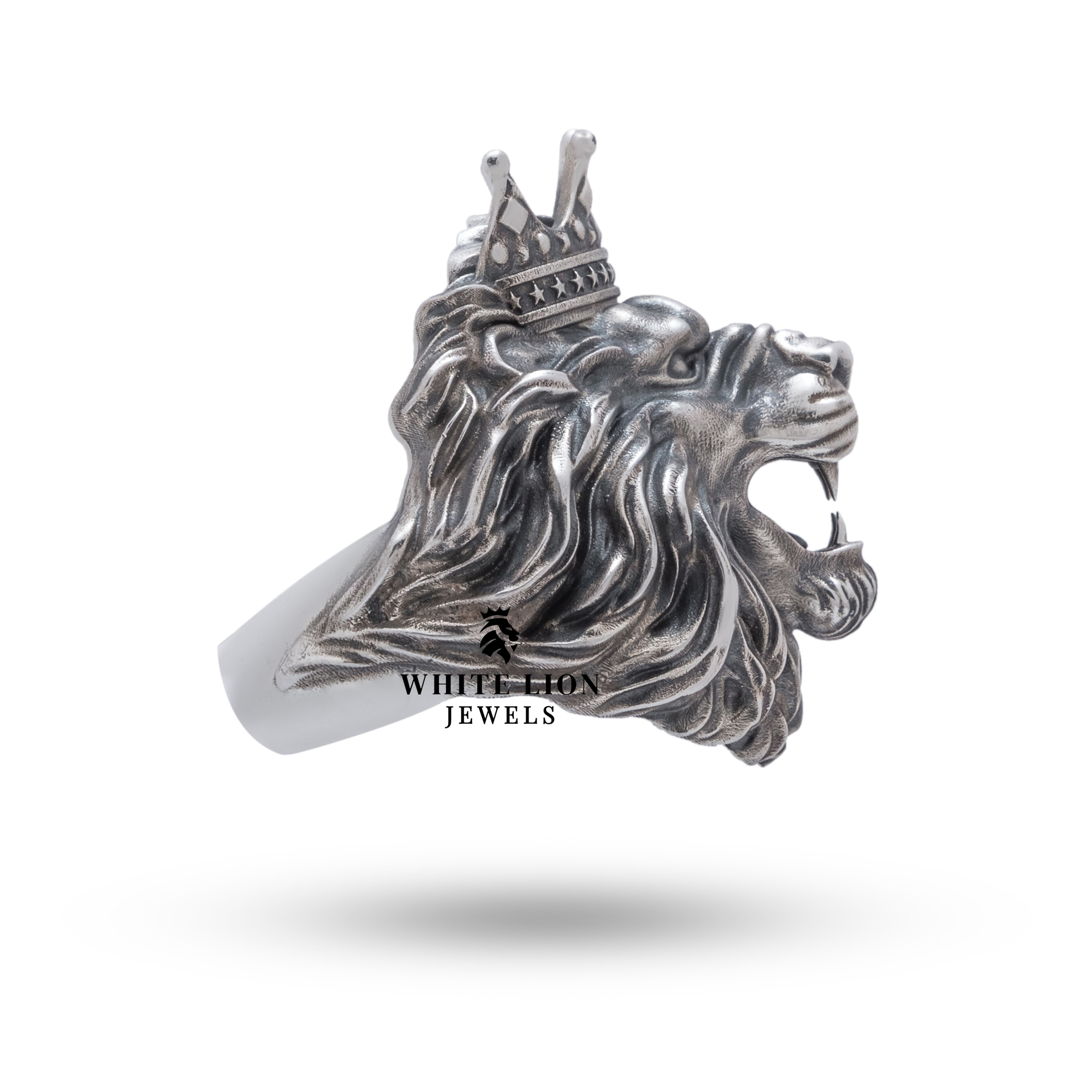 Detailed close-up of Handcrafted Lion King Crown Ring in 925 Silver, showing artisanal quality