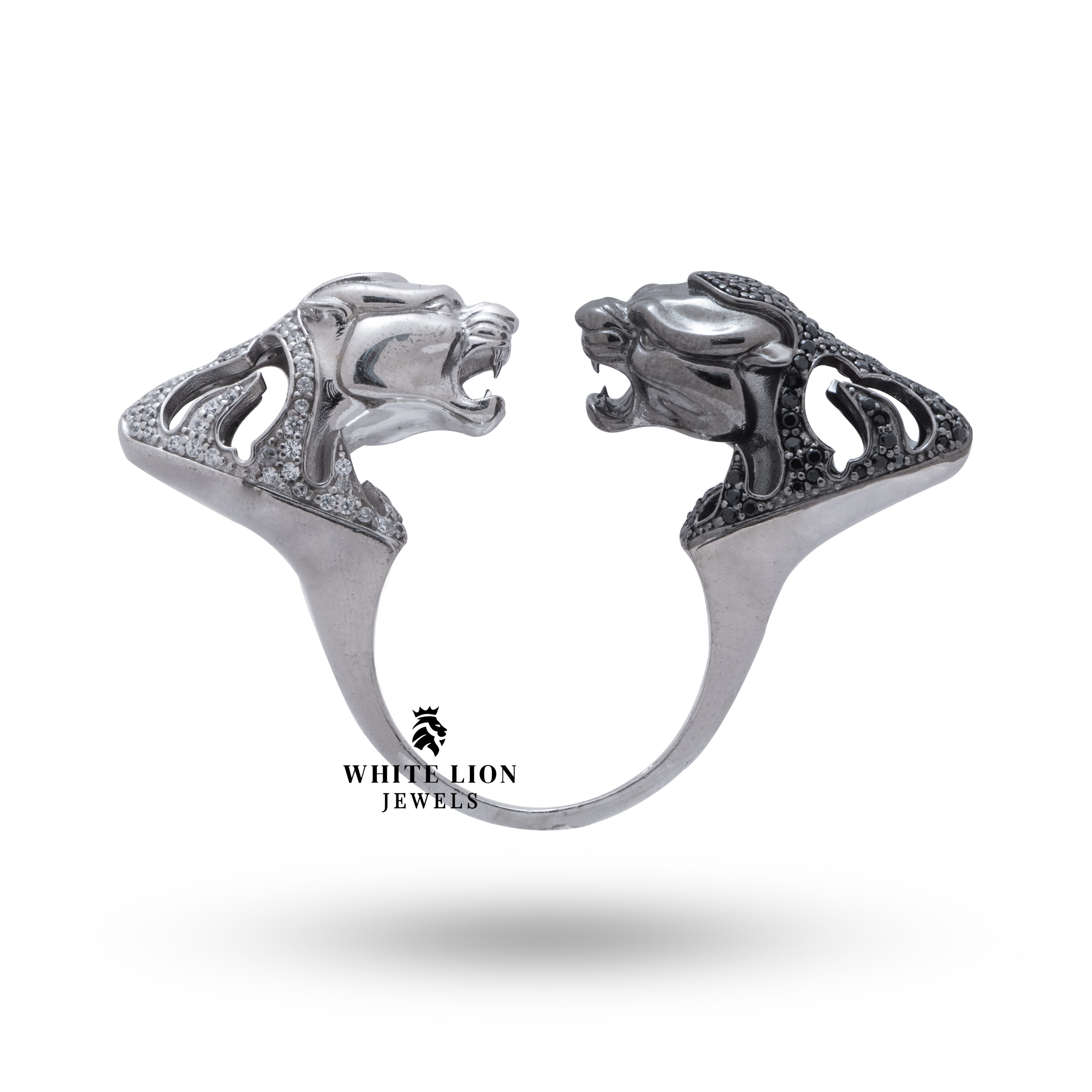 Top view of Black & White Panther 925 Sterling Silver Ring highlighting two-tone silver and CZ stones