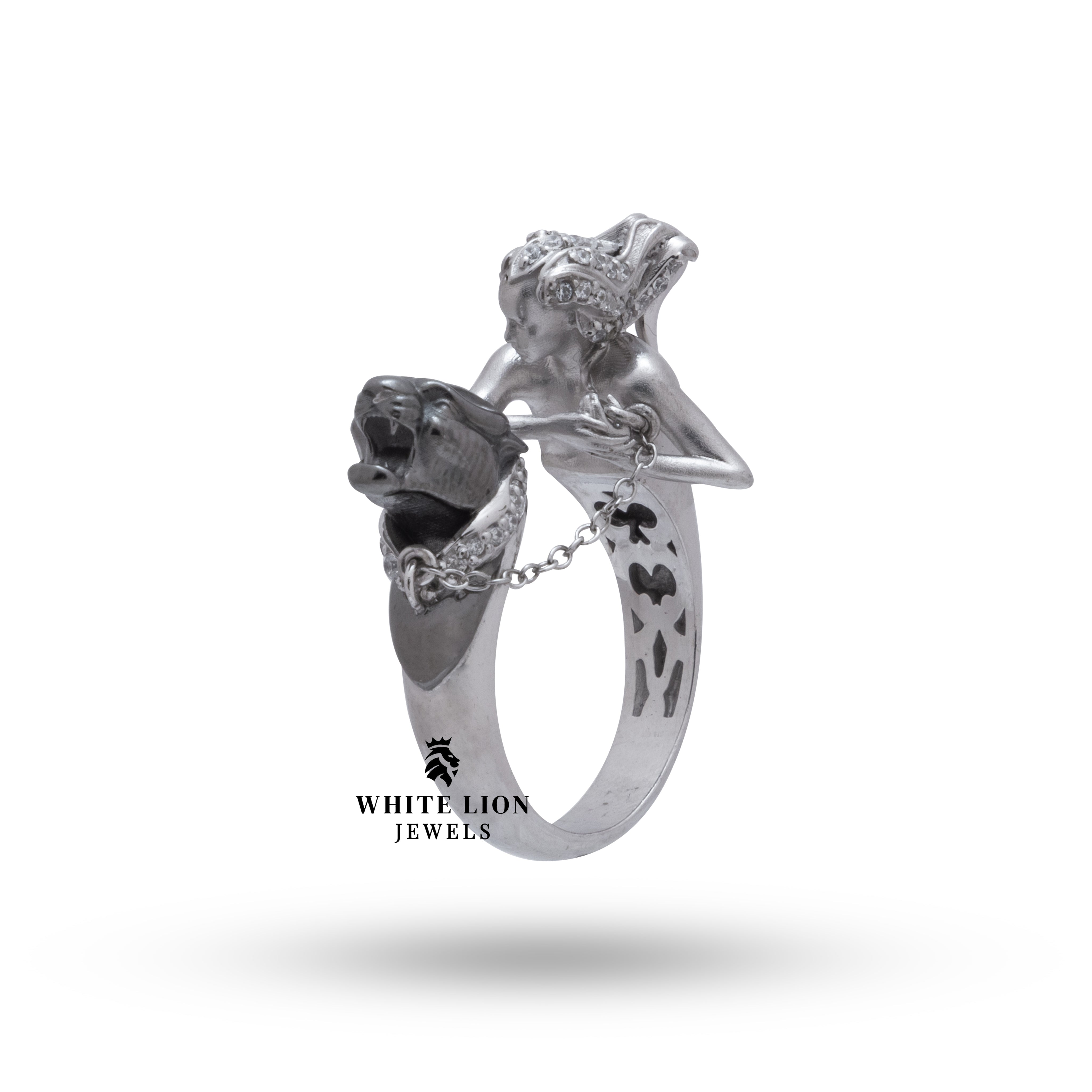 Luxury two-toned silver ring from White Lion Jewels featuring a unique panther design and high-quality CZ stones.